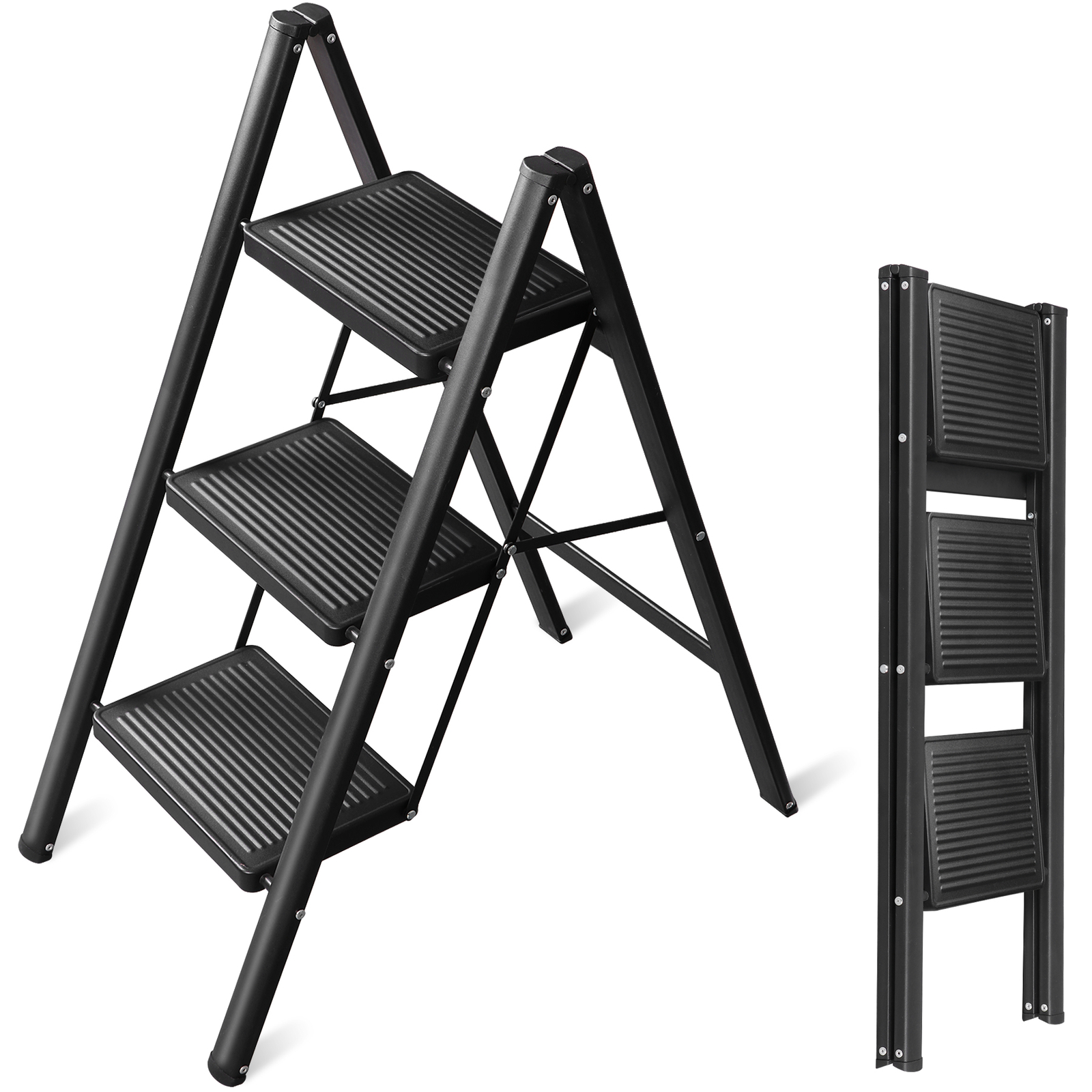 Foldable Three Step Ladder Easy To Store with Anti Slip Wide Pedals, Black