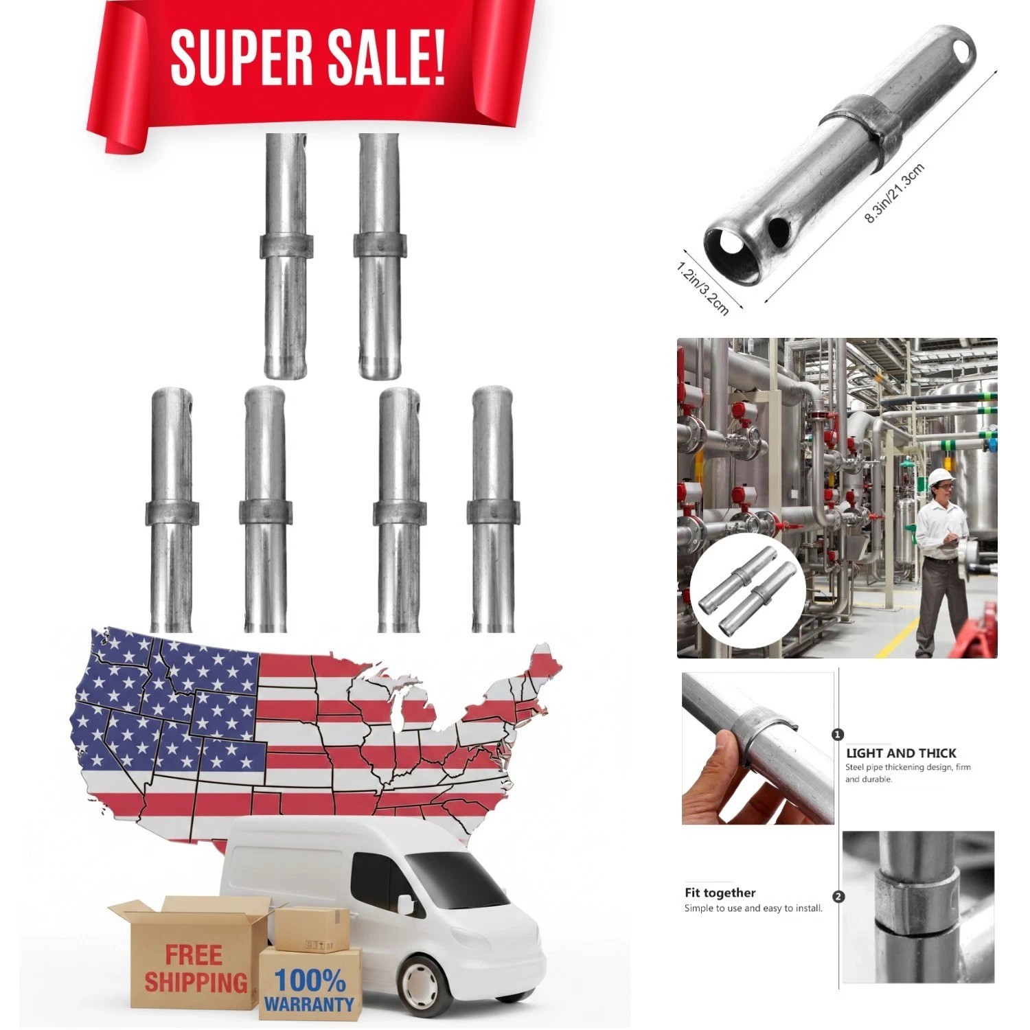 Alloy Steel Scaffolding Pins Set of 6 – Spring Locking Coupling, 1.39 in
