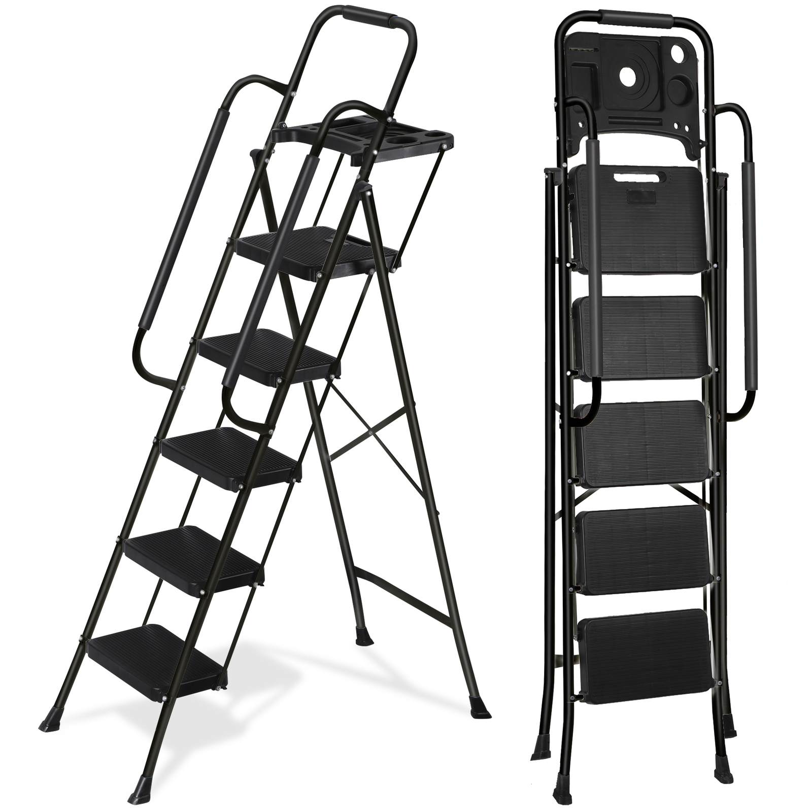 5-Step Ladder Portable Folding Anti-Slip Steel Ladder w/Handrail Tool Tray Black
