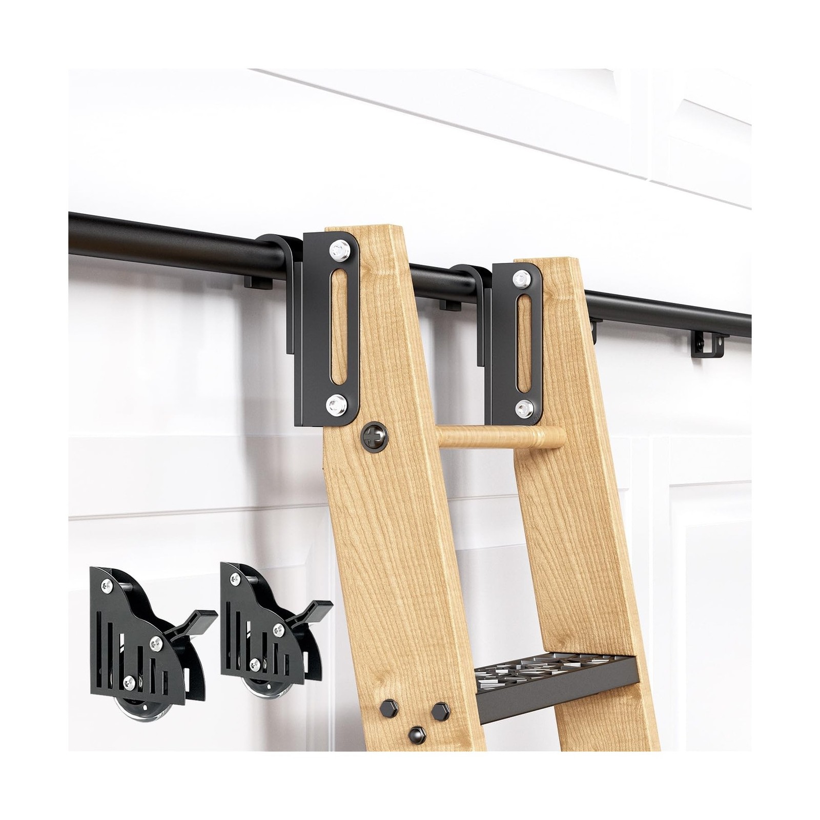 8FT Telescopic Hook on Sliding Library Ladder Hardware,Includes Bottom Wheel …