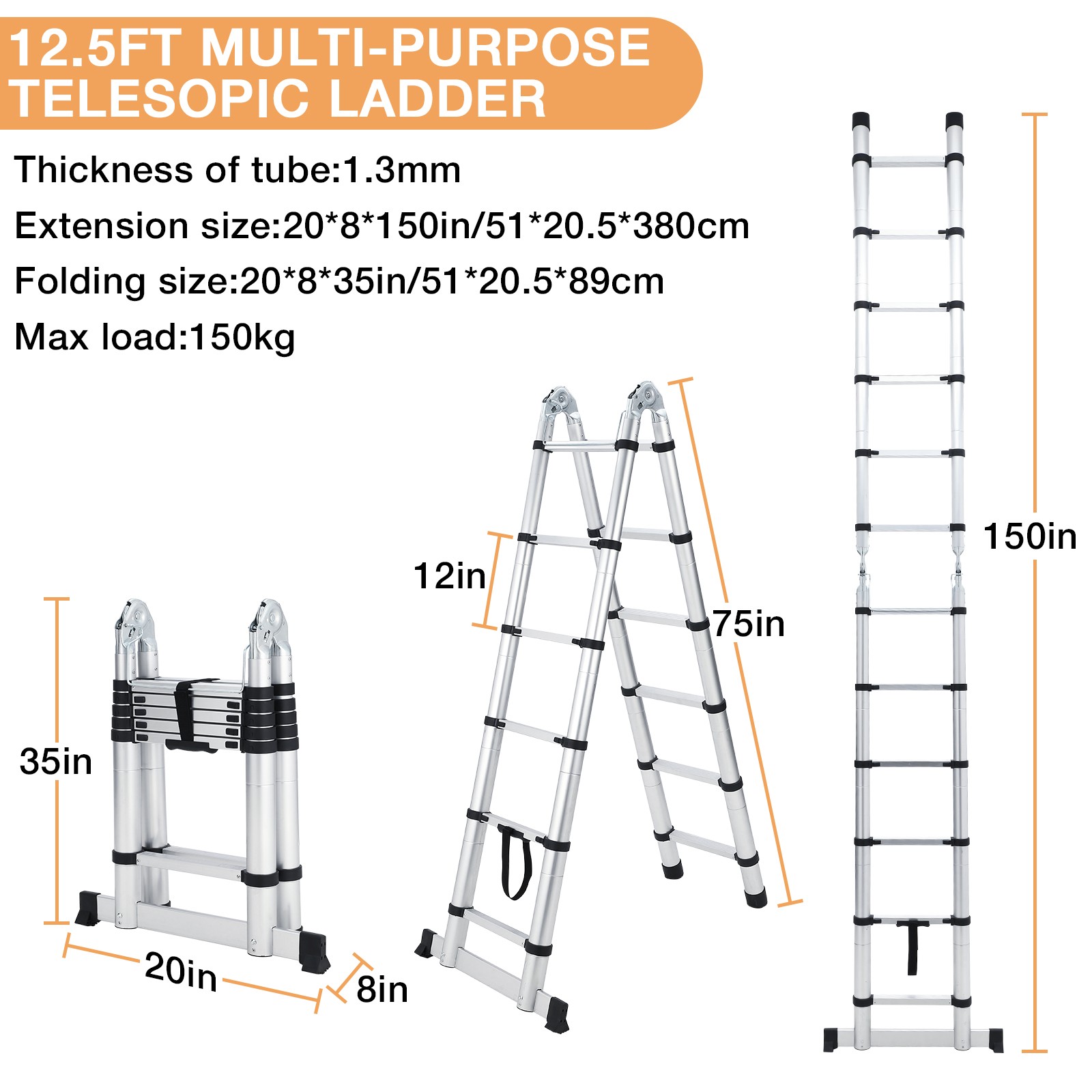 Garvee 14.5FT Extension Ladder Telescopic Aluminum Foldable for Home RV Attic