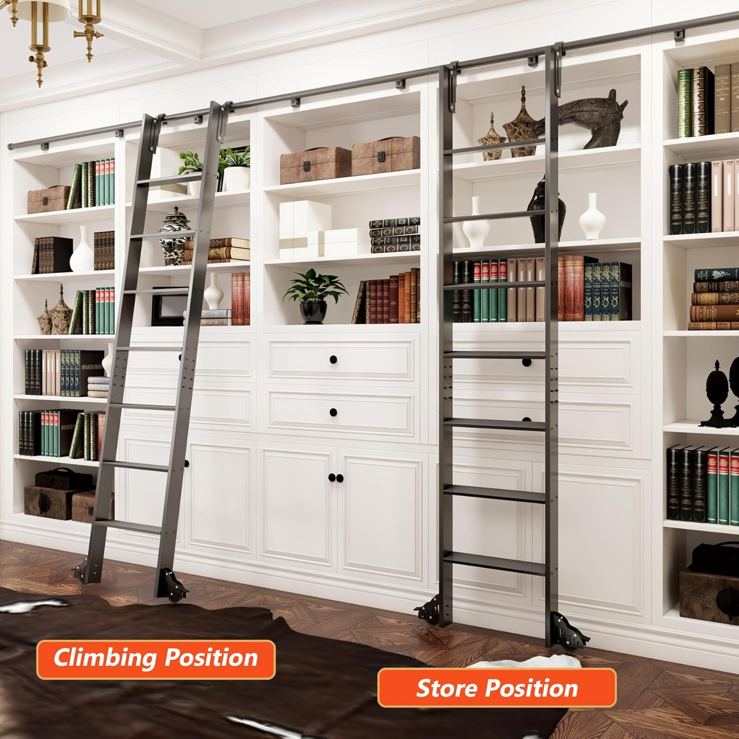 96″ Rolling Library Ladder with 4FT Rail, 300 Lbs Capacity, Space-Saving Design