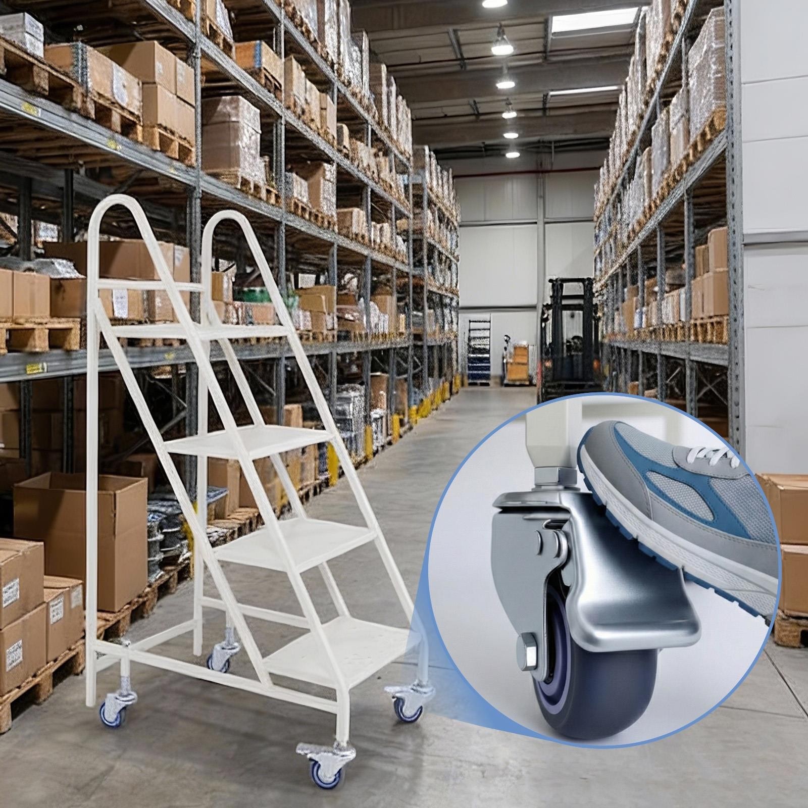 4 Step Rolling Ladder with 4 Lockable Wheels & Handrails for Warehouse Library