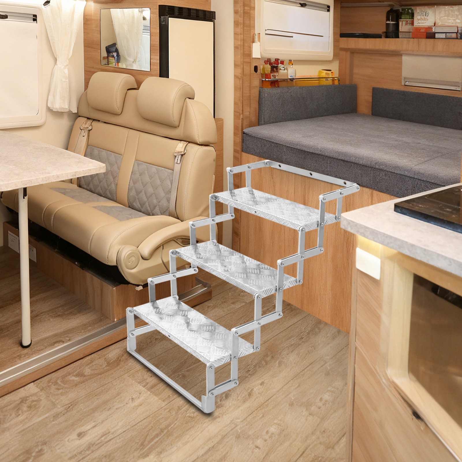 3 Steps Ladder Step Camper Aluminum Alloy Foldable Scissor Stairs Ladder 110kg