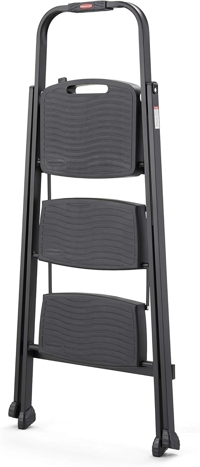 Rubbermaid 3-Step Steel Ladder, Folding Step Stool with Hand Black Finish