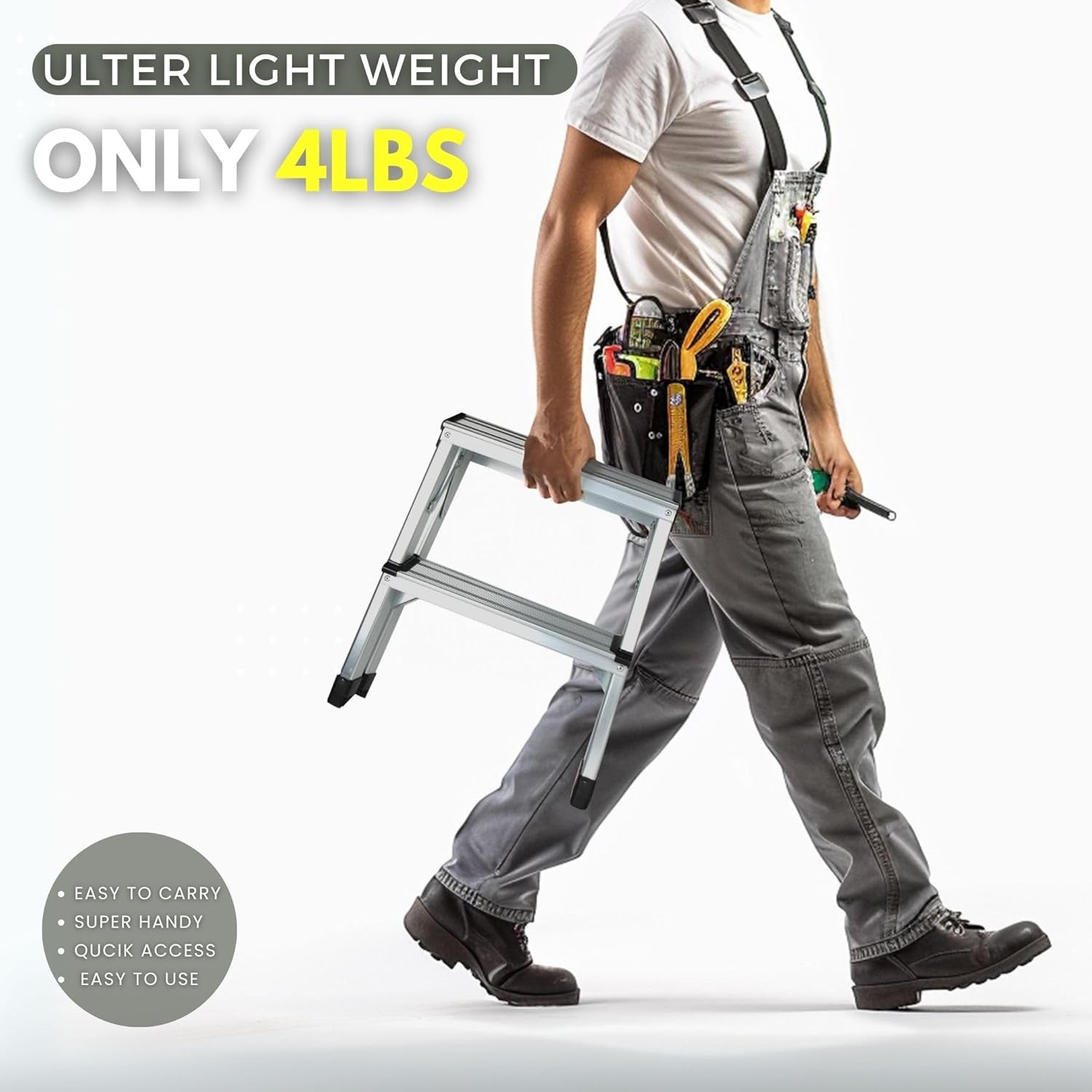 2 Step Ladder, Aluminum Folding Portable Small Kitchen Silver