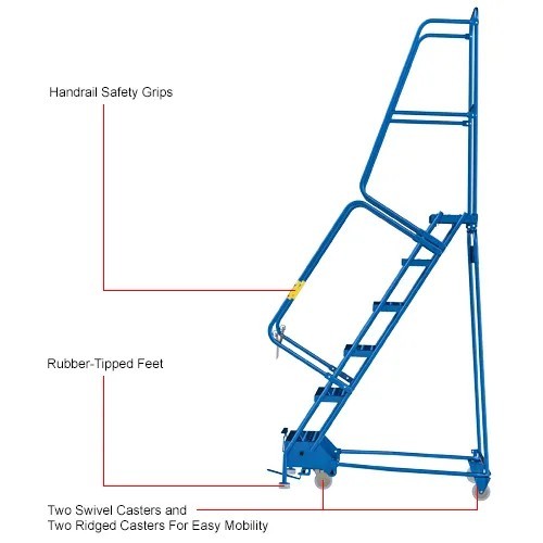 NEW 6 Step Steel Rolling Ladder, 24″W Perforated Step, Cal/OSHA Handrail!!