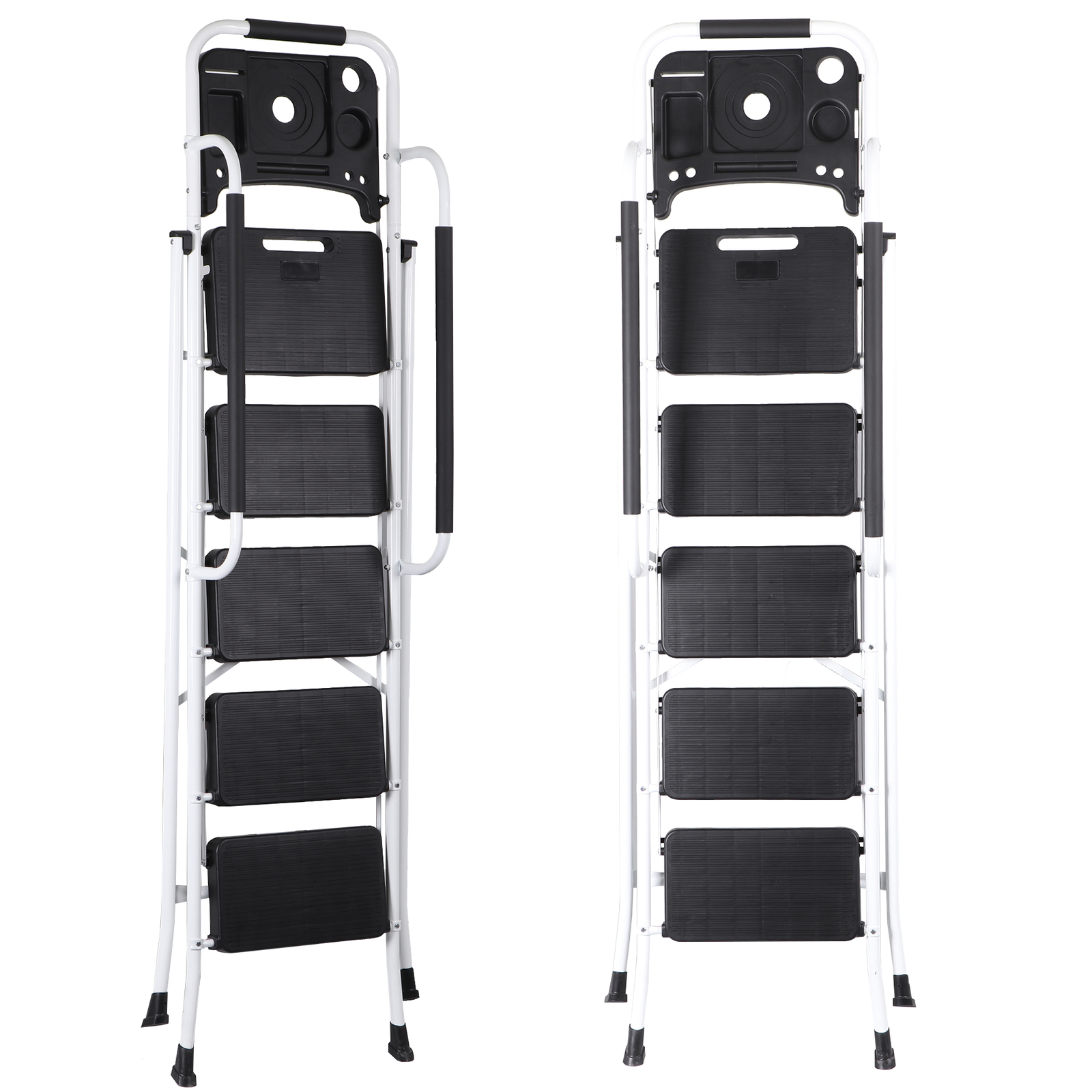 5 Step Ladder Steel Folding Step Stool w/Tool Tray & Handrails White Step Ladder