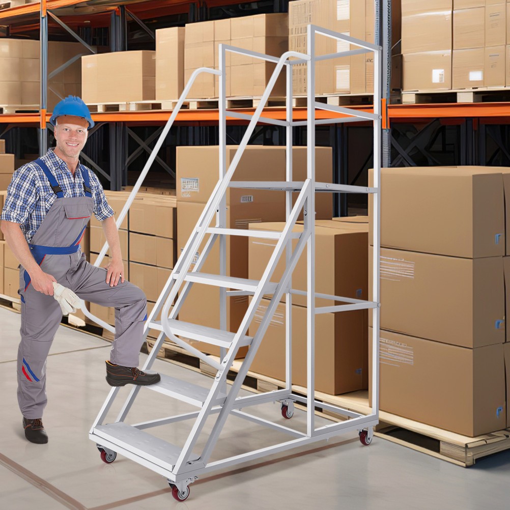 Rolling Ladder 6-Step Warehouse Ladder w. Lockable Wheels Platform Height 27.5″