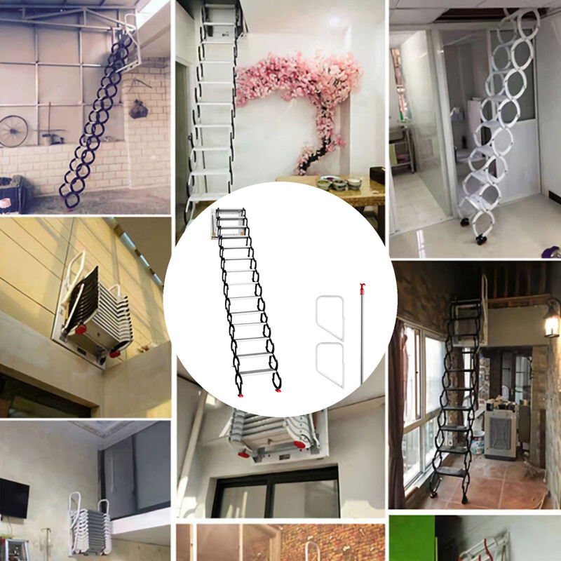 Black Loft Ladder Aluminum-Magnesium Alloy Attic 14 Steps Pull Down Attic Stairs