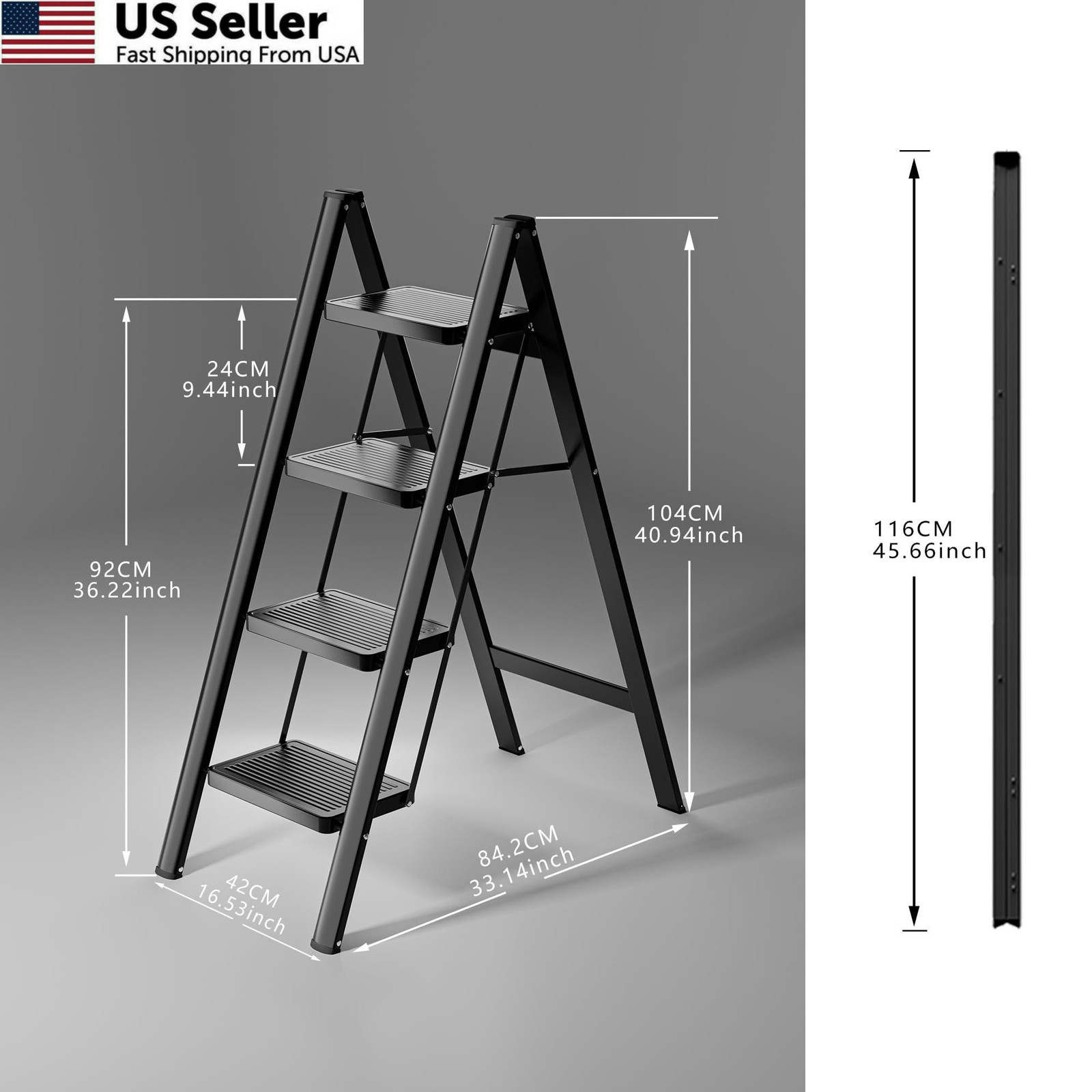 KOLL LINK Step Ladder 4 Folding, Sturdy 330 Lbs 4 step ladder, Black
