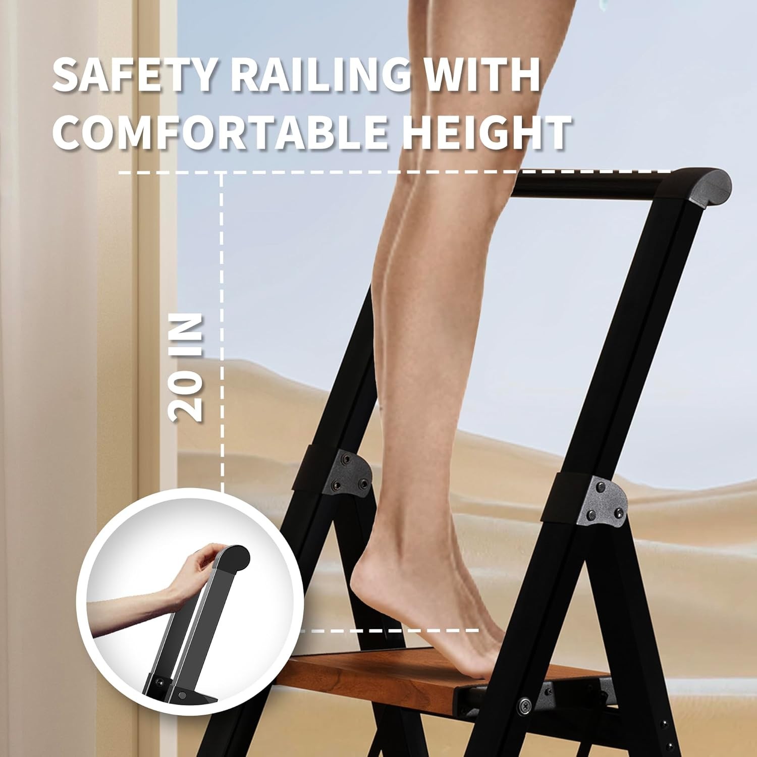 3 Step Ladder,Folding Stool with Aluminum 3 Step, Black&woodgrain