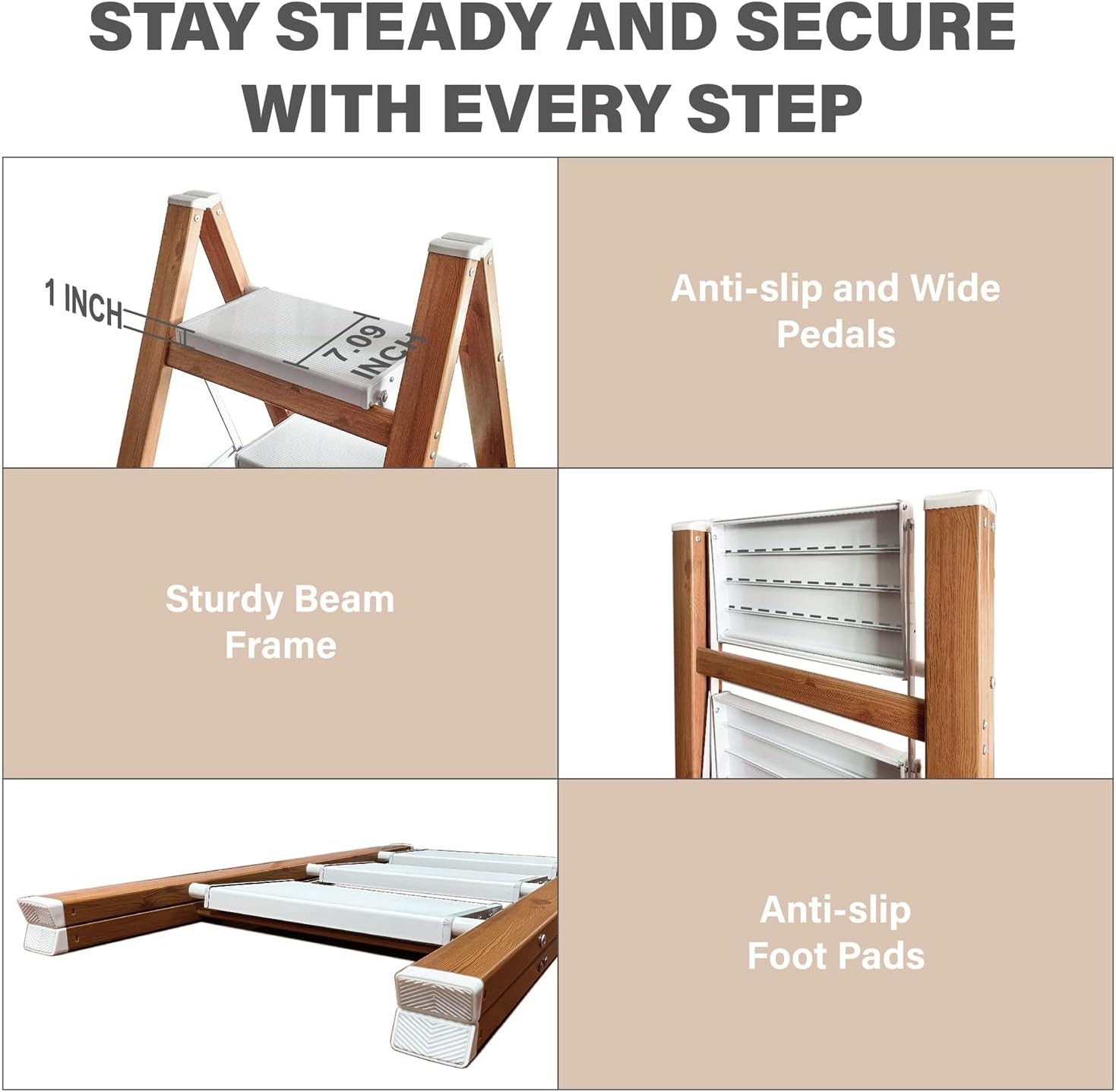 3 Step Ladder, Folding Aluminum Stool with Anti-Slip Woodgrain, White