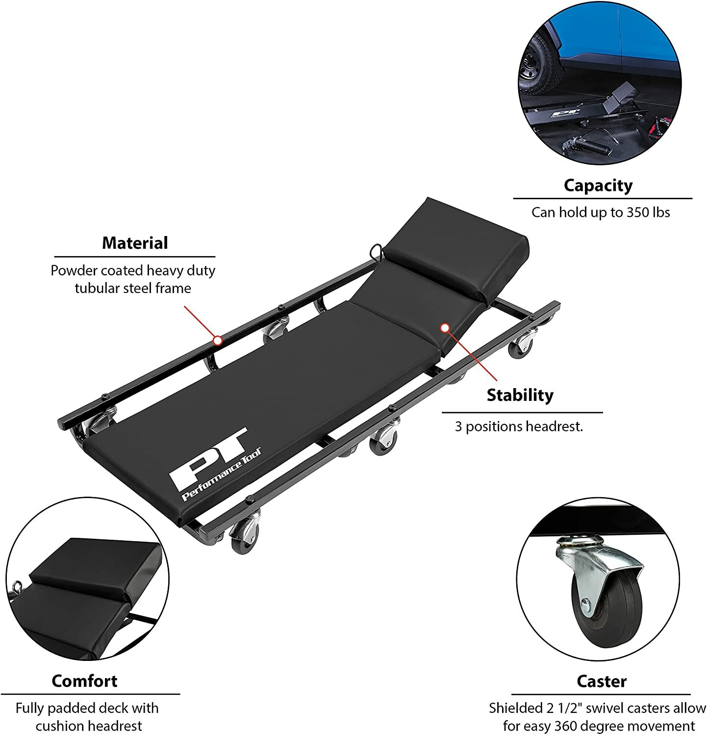 Low Profile Rolling Creeper w Cushioned Headrest Mechanic Car Repair Garage Shop