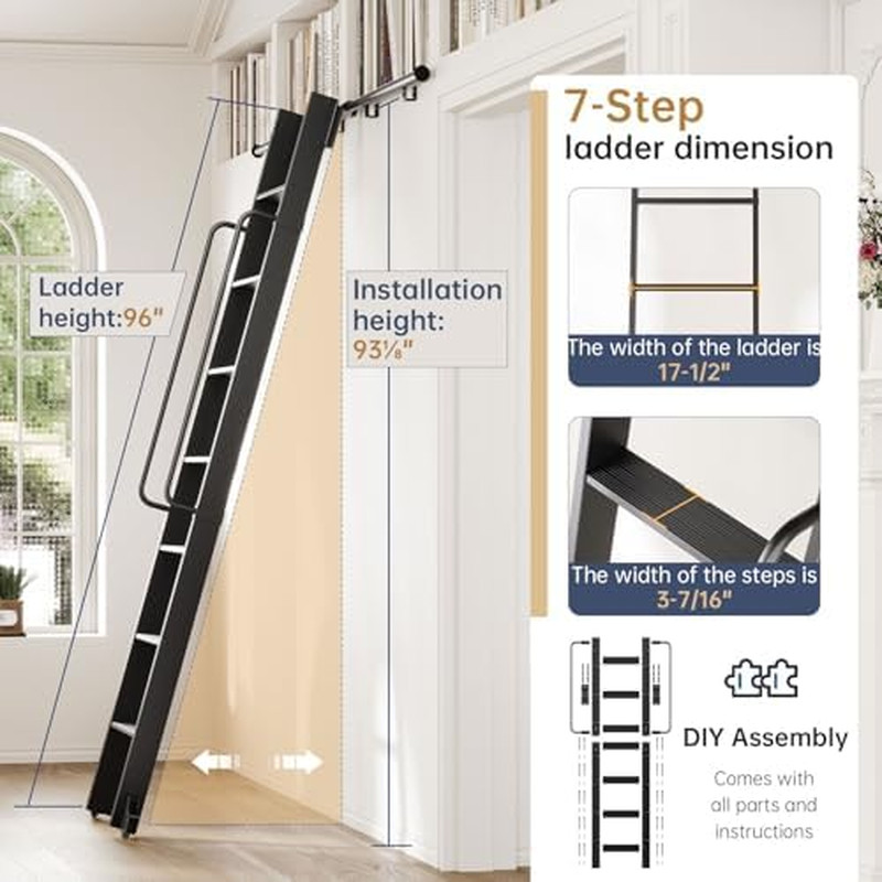 8FT Aluminum Library Ladder with Sliding Hardware Kit & Handrail, 450Lbs Capacit