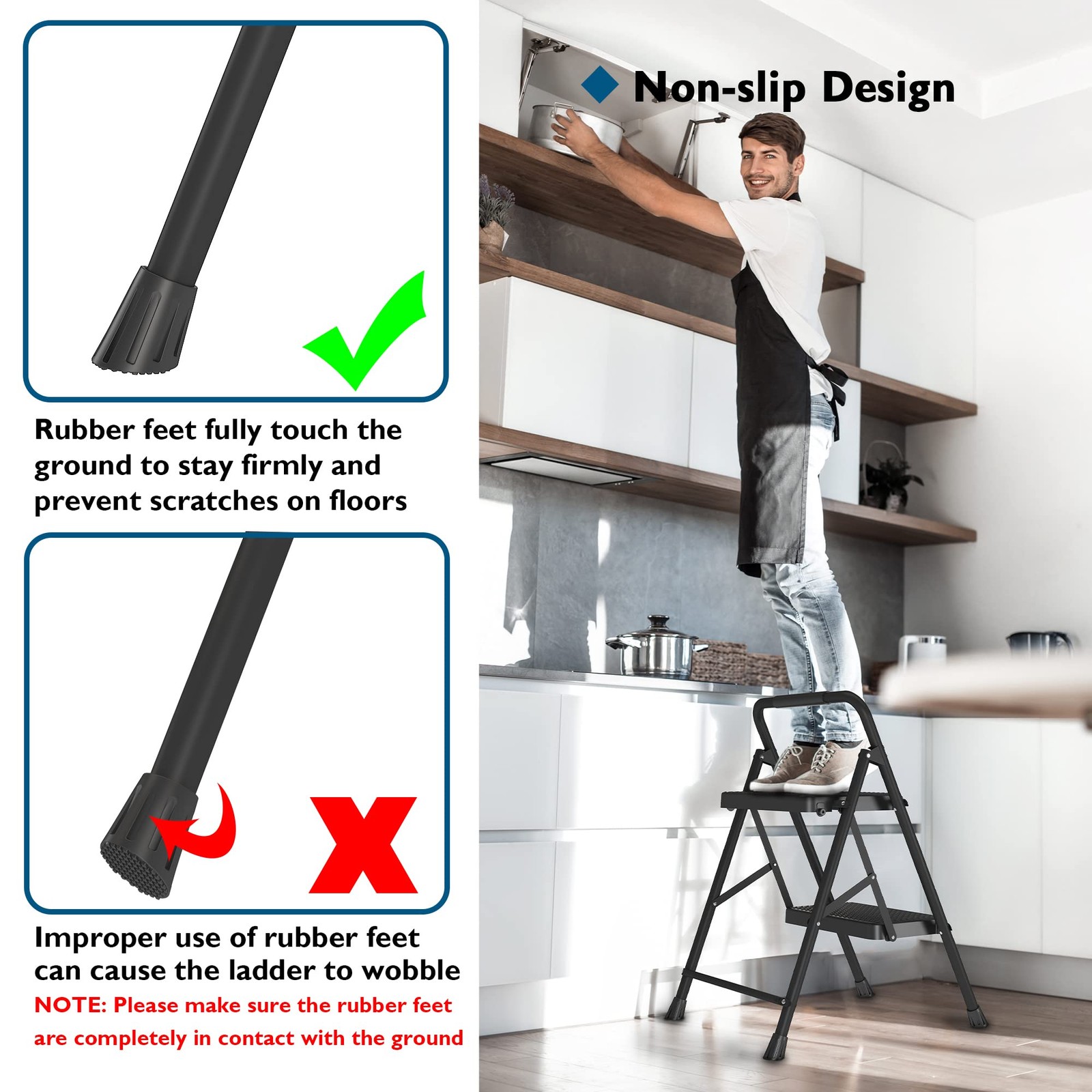 BONTEC 2-Step Ladder, Folding Step Stool, 2-Step, 600lbs Max Load, Black