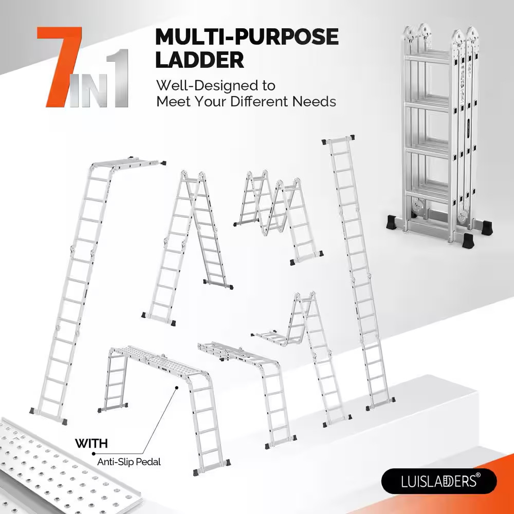 15.5 Ft. Reach 330 Lb. Aluminium 7-In-1 Folding Ladder, Heavy Duty Combination M