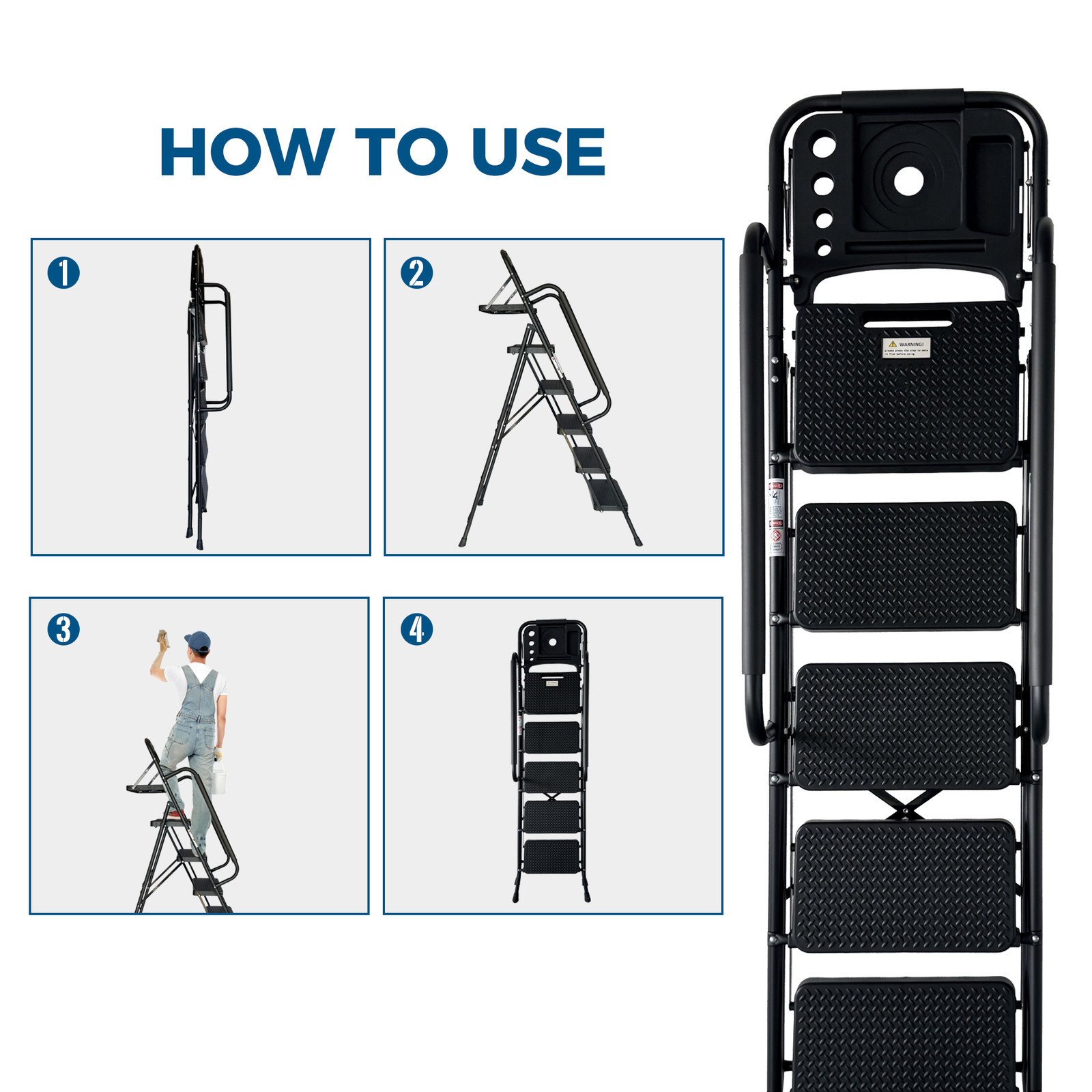 Step Ladder Folding Step Stool with Wide Anti-Slip Pedal Sturdy Steel Ladder