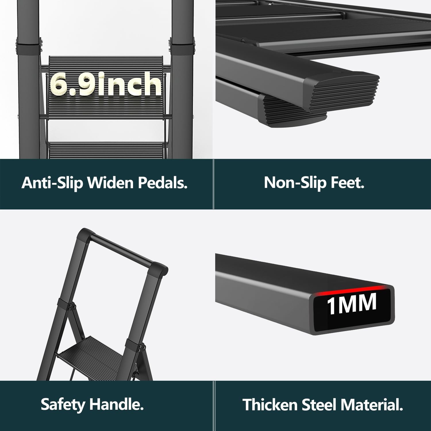 WOA 4 Step Ladder, Ladders for Home, Anti-Slip Aluminum 4 Step, Black