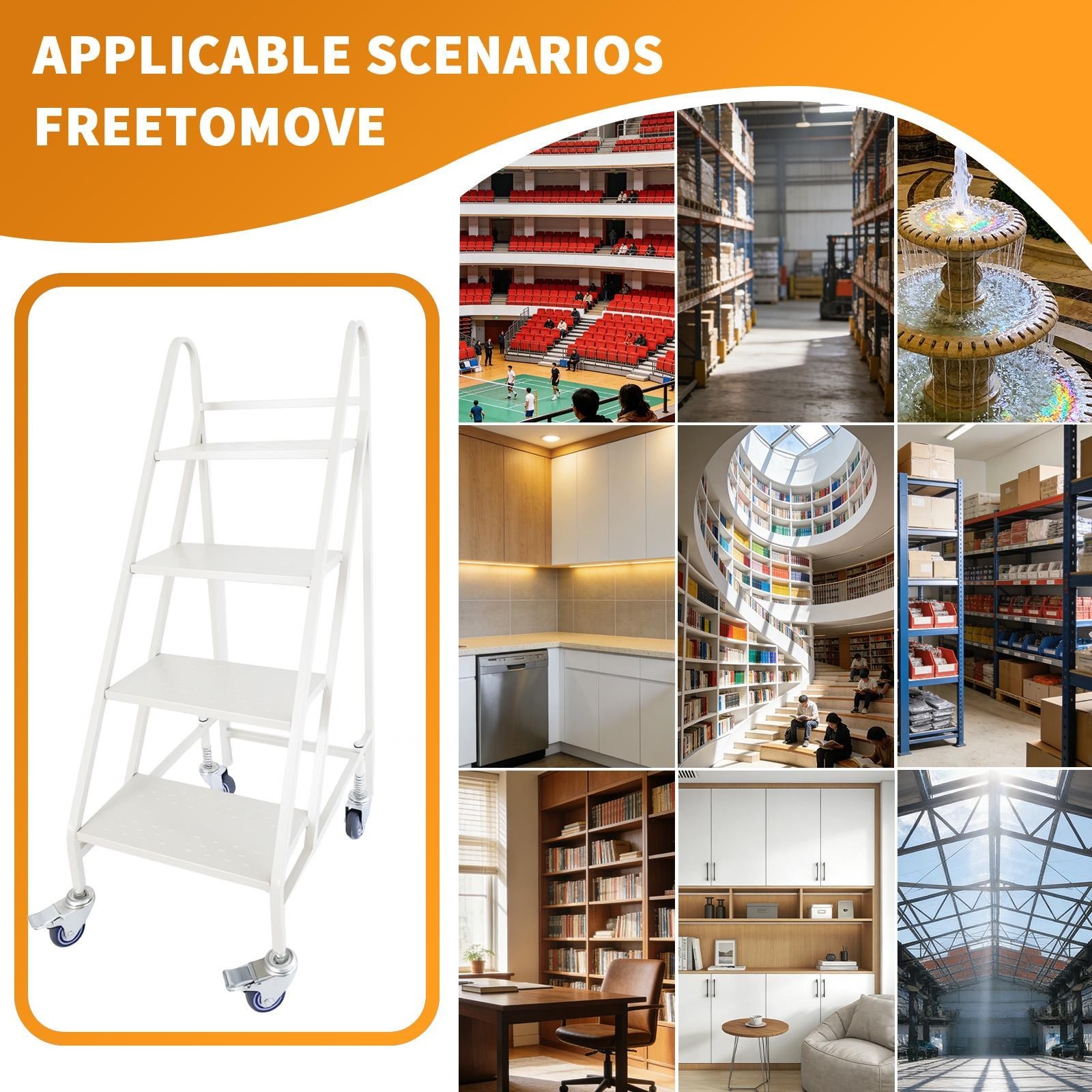 4 Step Rolling Ladder with Locking Wheel & Handrail Commercial Stair Ladder 50″H