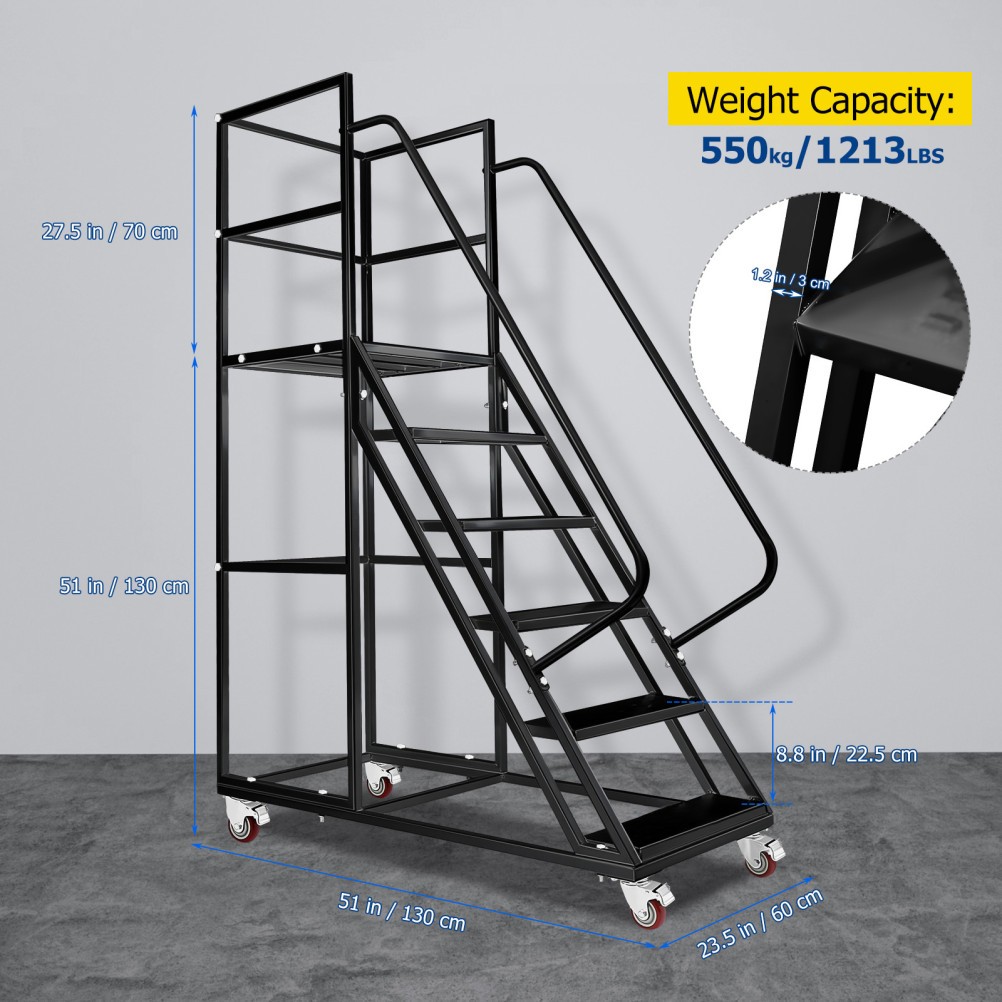 6 Step Ladder with Wheels Rolling Industrial Warehouse Stairs Handrails Non-Slip