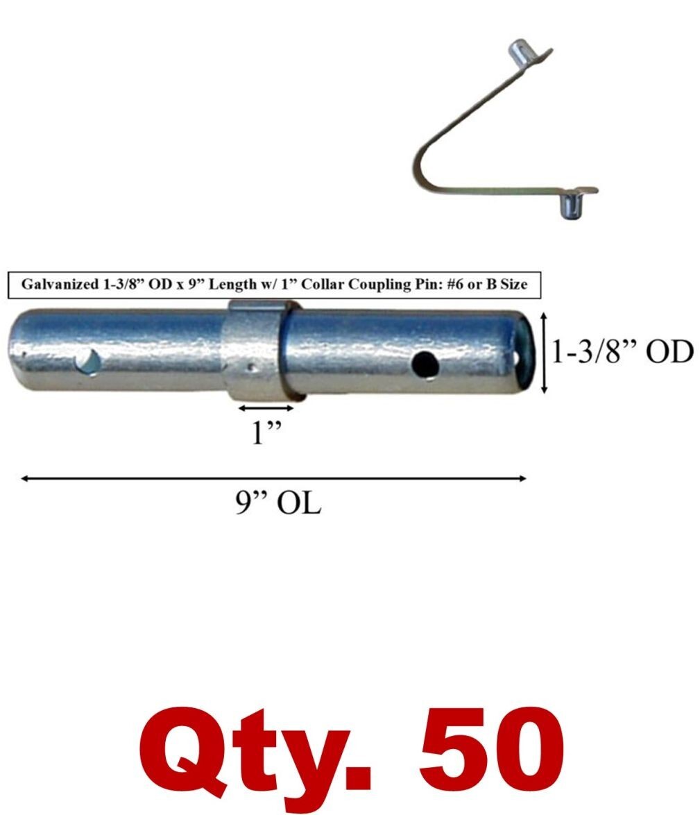 (50 Pack) Scaffolding Coupling Pin 1-3/8″OD x 9″L w/ 1″ Collar & Spring Rivet