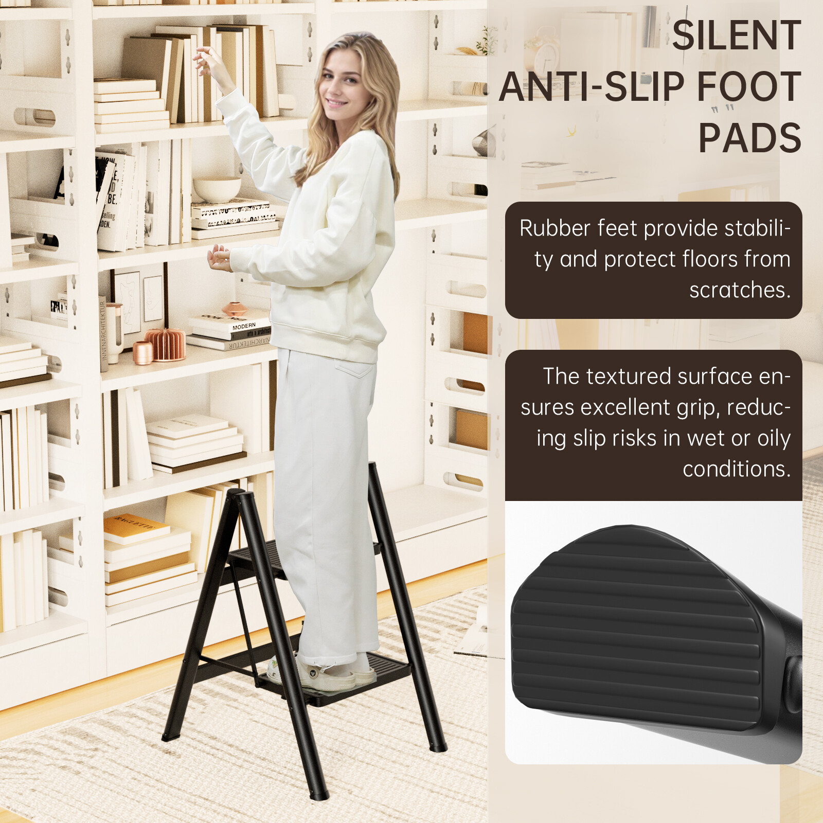 Stepladder, 2 Tiers, Foldable, Aluminum, Wide, Lightweight, Compact, Ladder L3