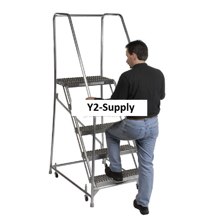 NEW! 5 Step Aluminum Rolling Ladder, 24″W Grip Step, 30″ Handrails!!