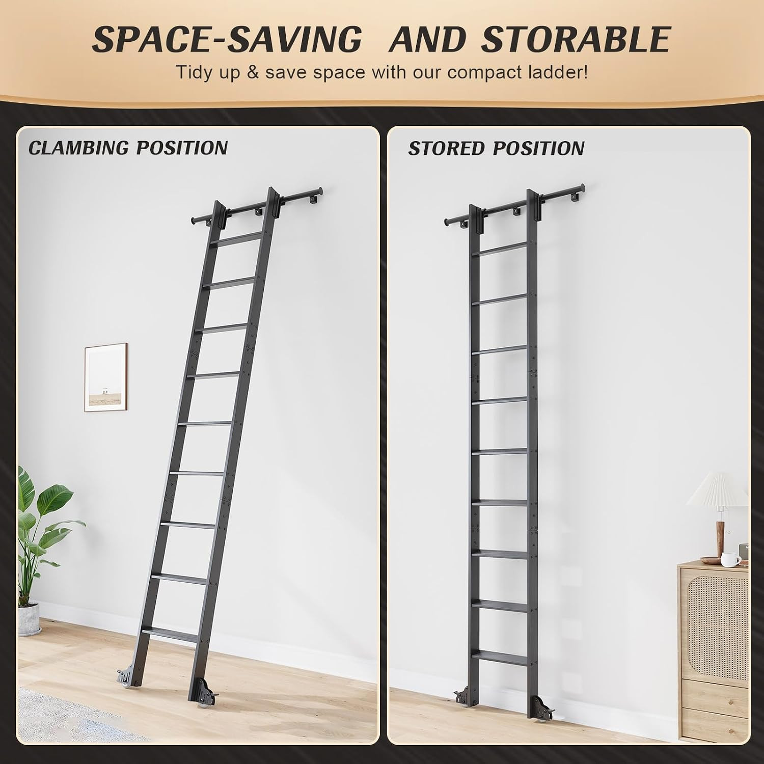 10FT Aluminum Rolling Library Ladder with 12FT Sliding Track Kit