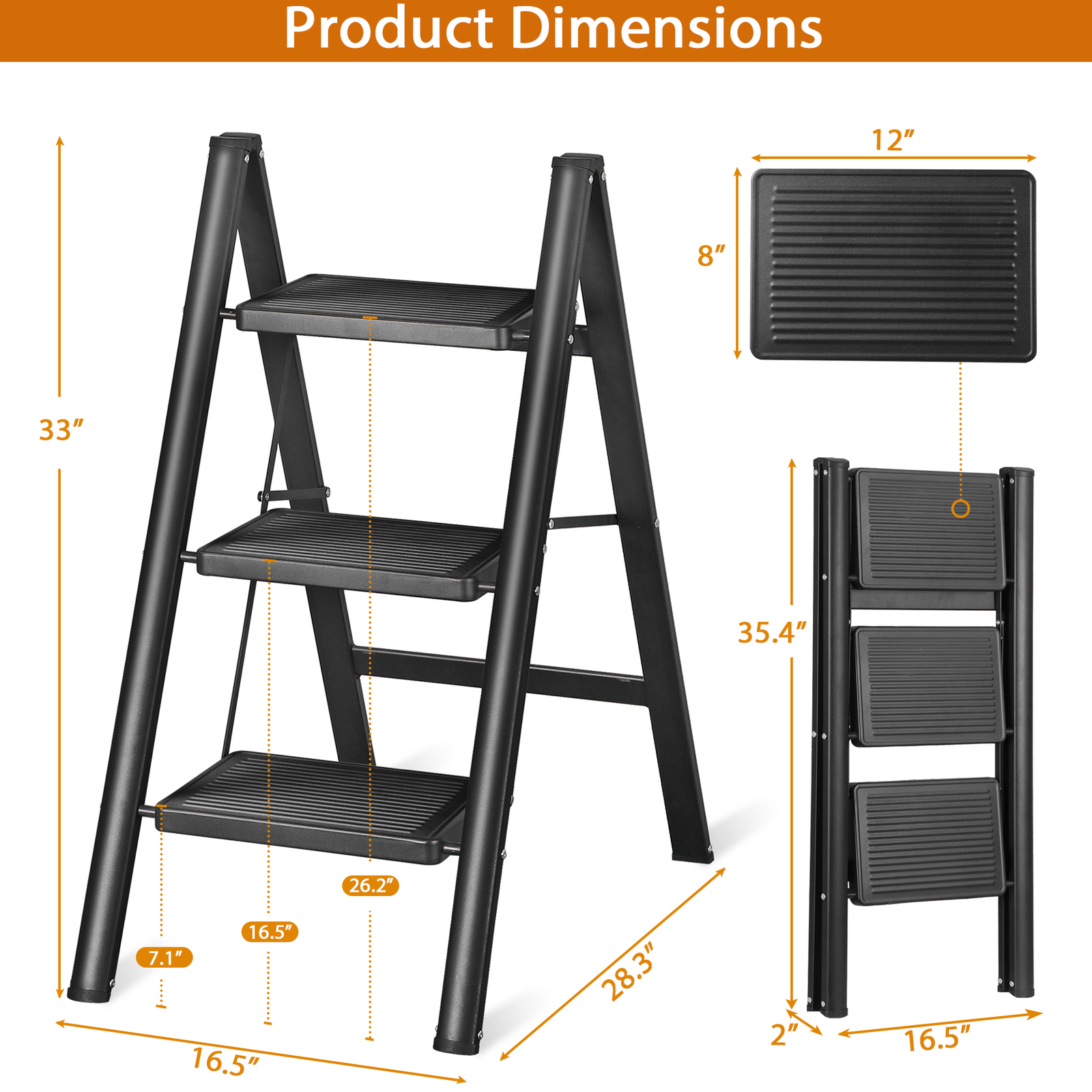 Foldable Three Step Ladder Easy To Store with Anti Slip Wide Pedals, Black