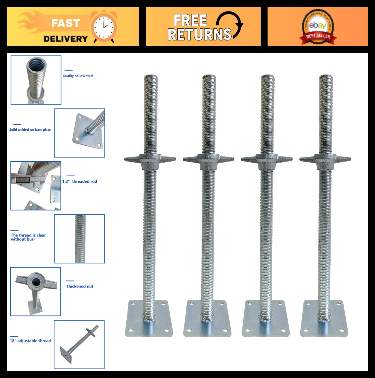 4 Pack Adjustable Leveling Jacks with Base Plate for Scaffolding Equipment – Sil