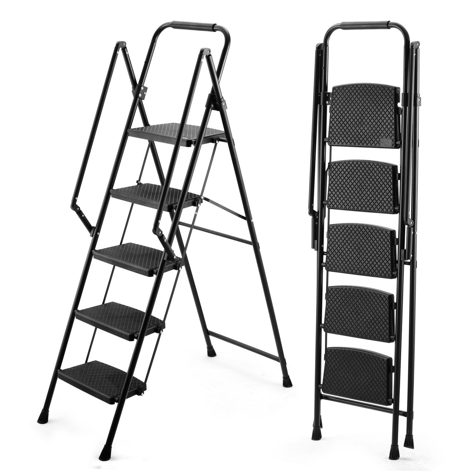 5 Step Ladder Folding Ladder Stool with Anti Slip Wide Pedals Lightweight Black