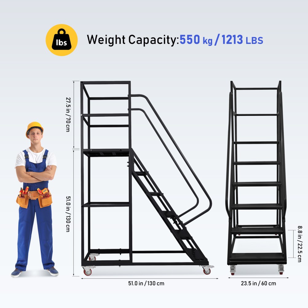6-Step Rolling Large Platform Ladder with Lockable Wheels Non-Slip Wide Steps