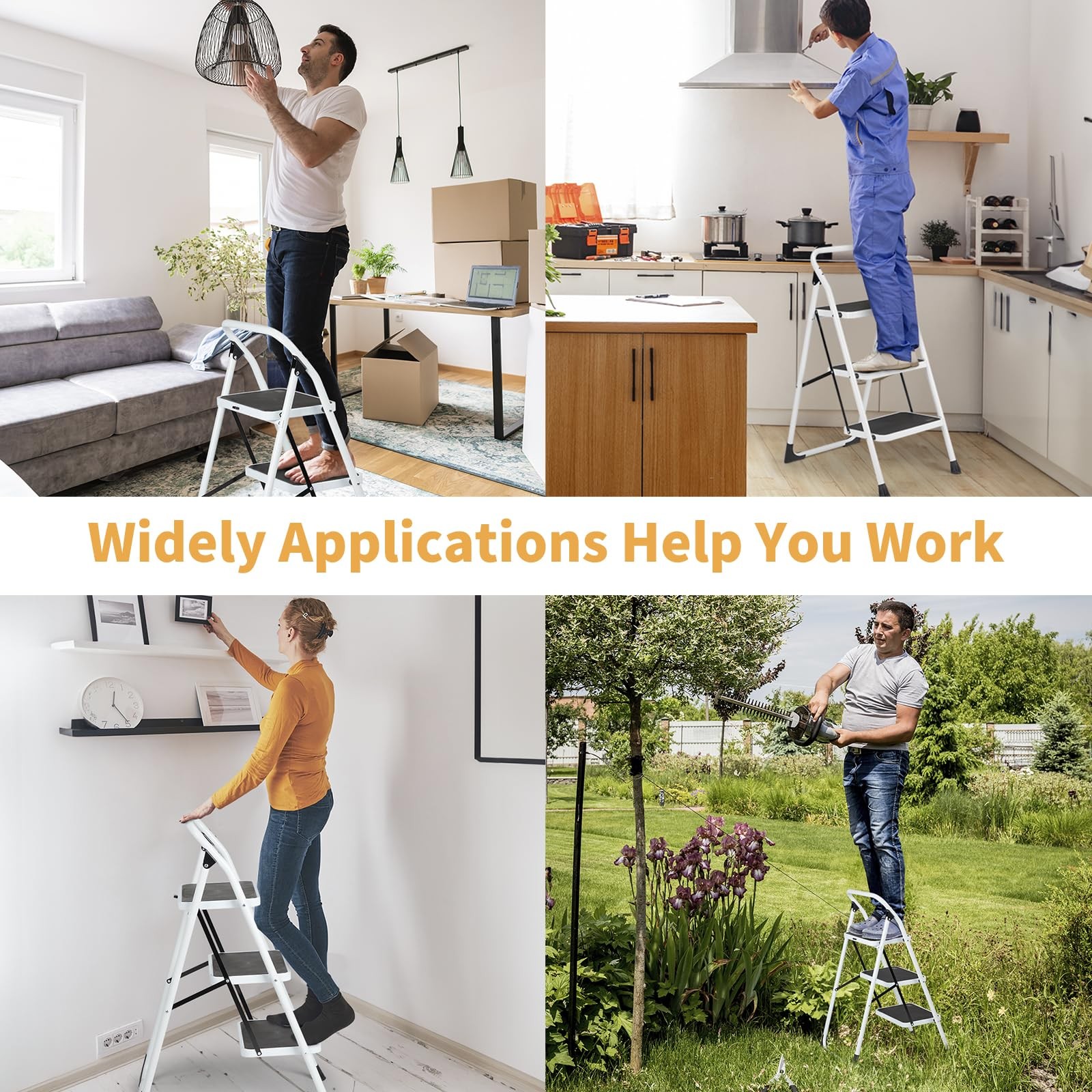 Winado 3 Step Ladder, Folding Stool with Wide Anti-Slip Black & White
