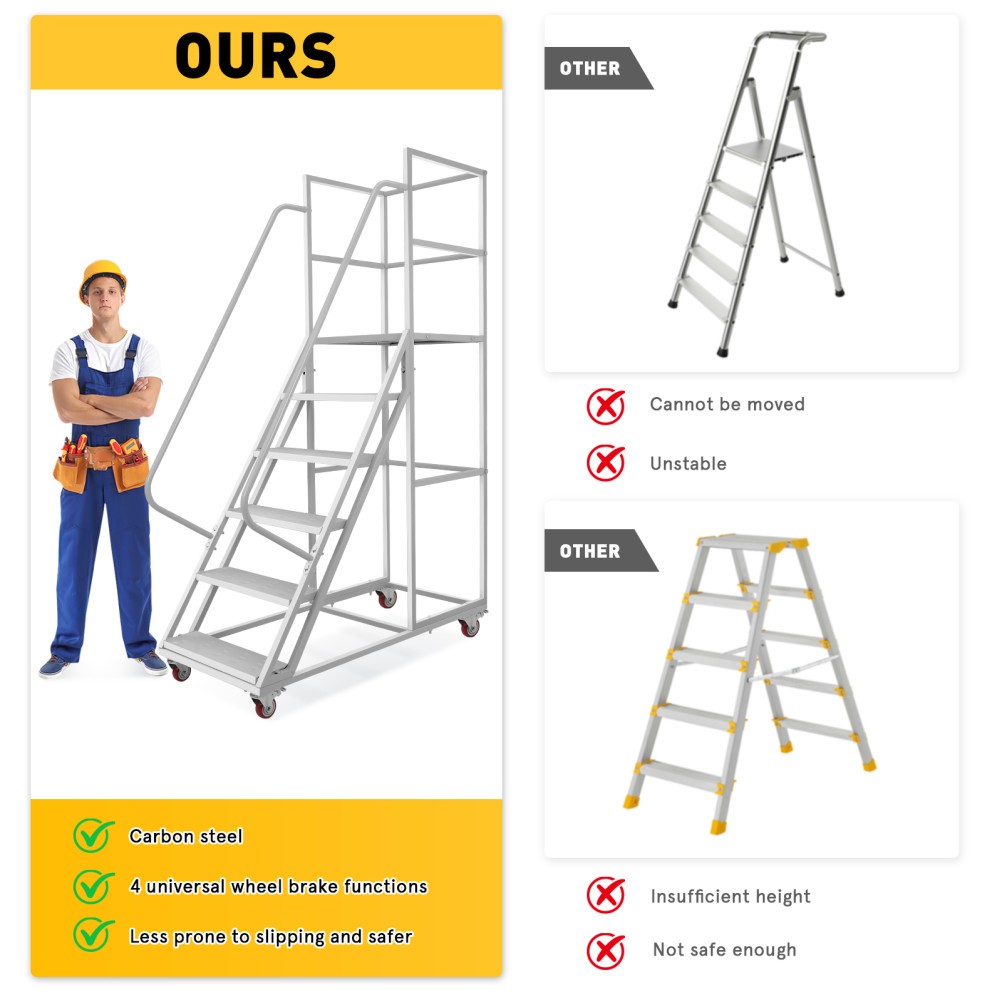 6 Step Heavy Duty Rolling Ladder with Handrail 1213LBS Mobile Rolling Stairs US