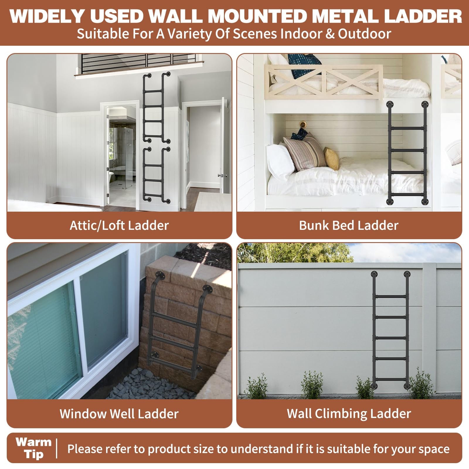 3-Rung Wall Mounted Metal Step Ladder, Basement Window Well 3.2FT, Black