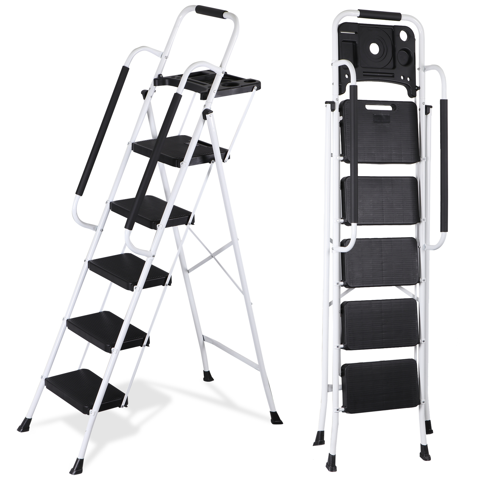 5 Step Ladder Steel Folding Step Stool w/Tool Tray & Handrails White Step Ladder