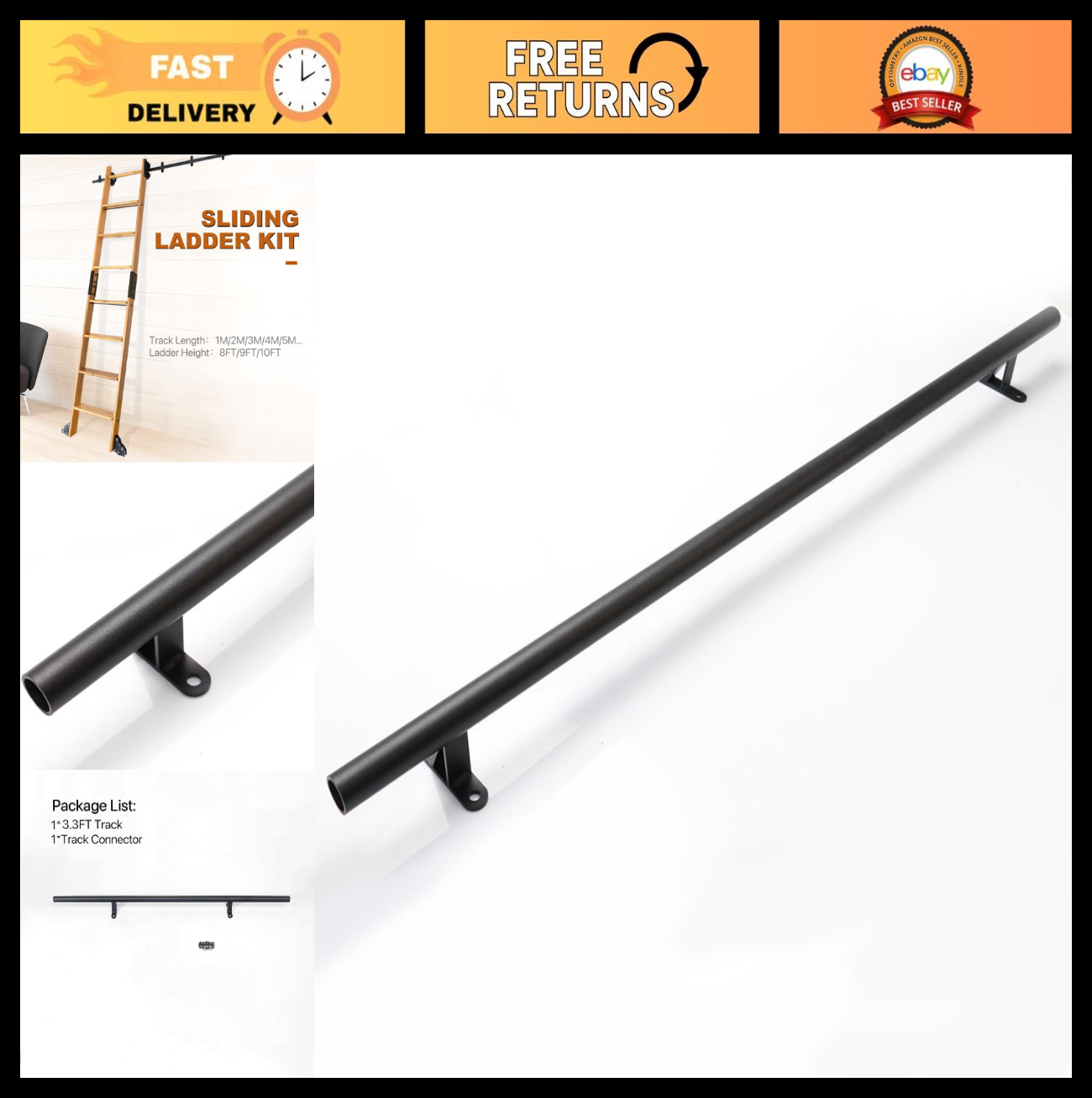 3.3FT Rolling Library Ladder Extension Kit – 39″ Track/Rail & Connector Hardware