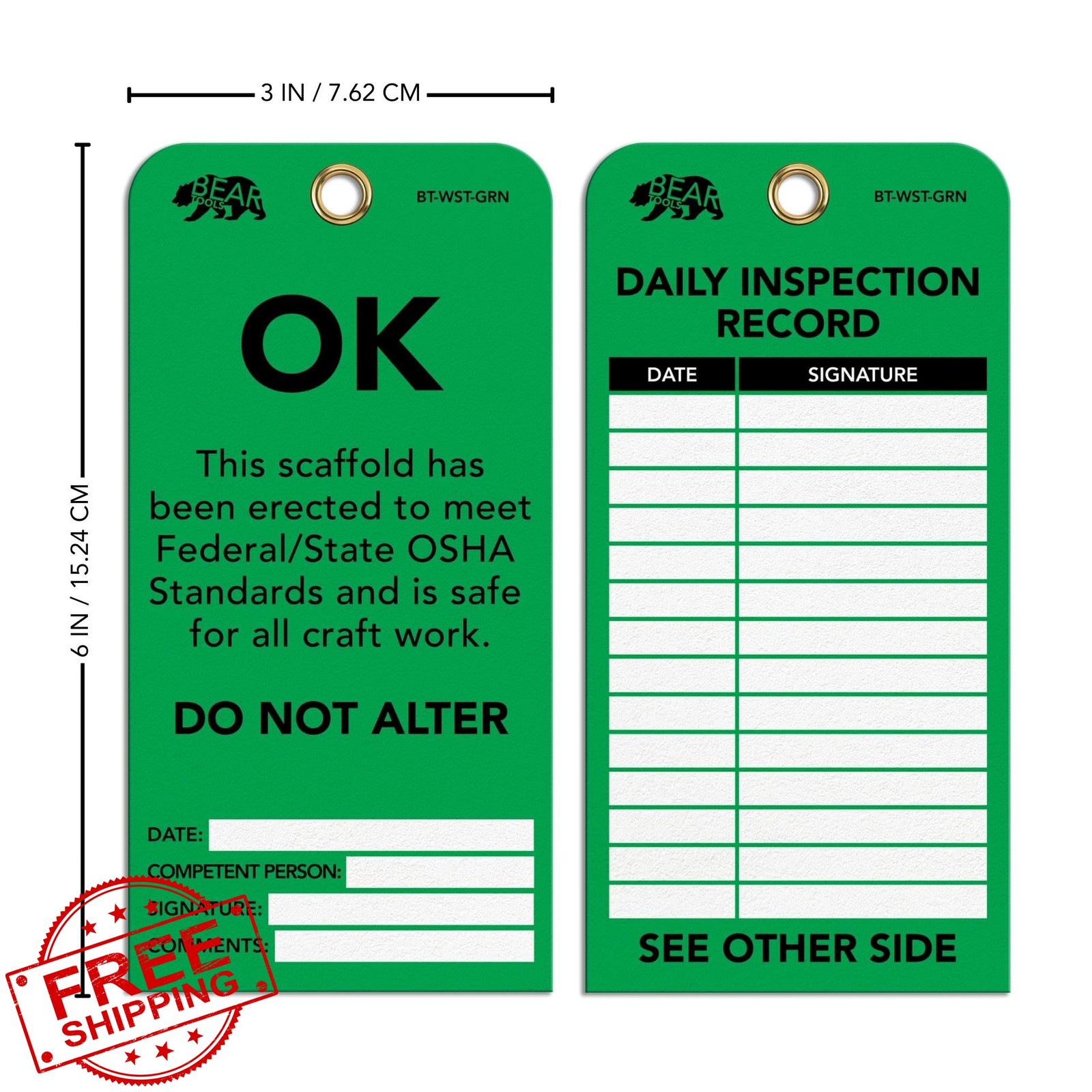 BearTOOLS Scaffold Tags Safety Inspection Kit Pack of 25 Green Weatherproof