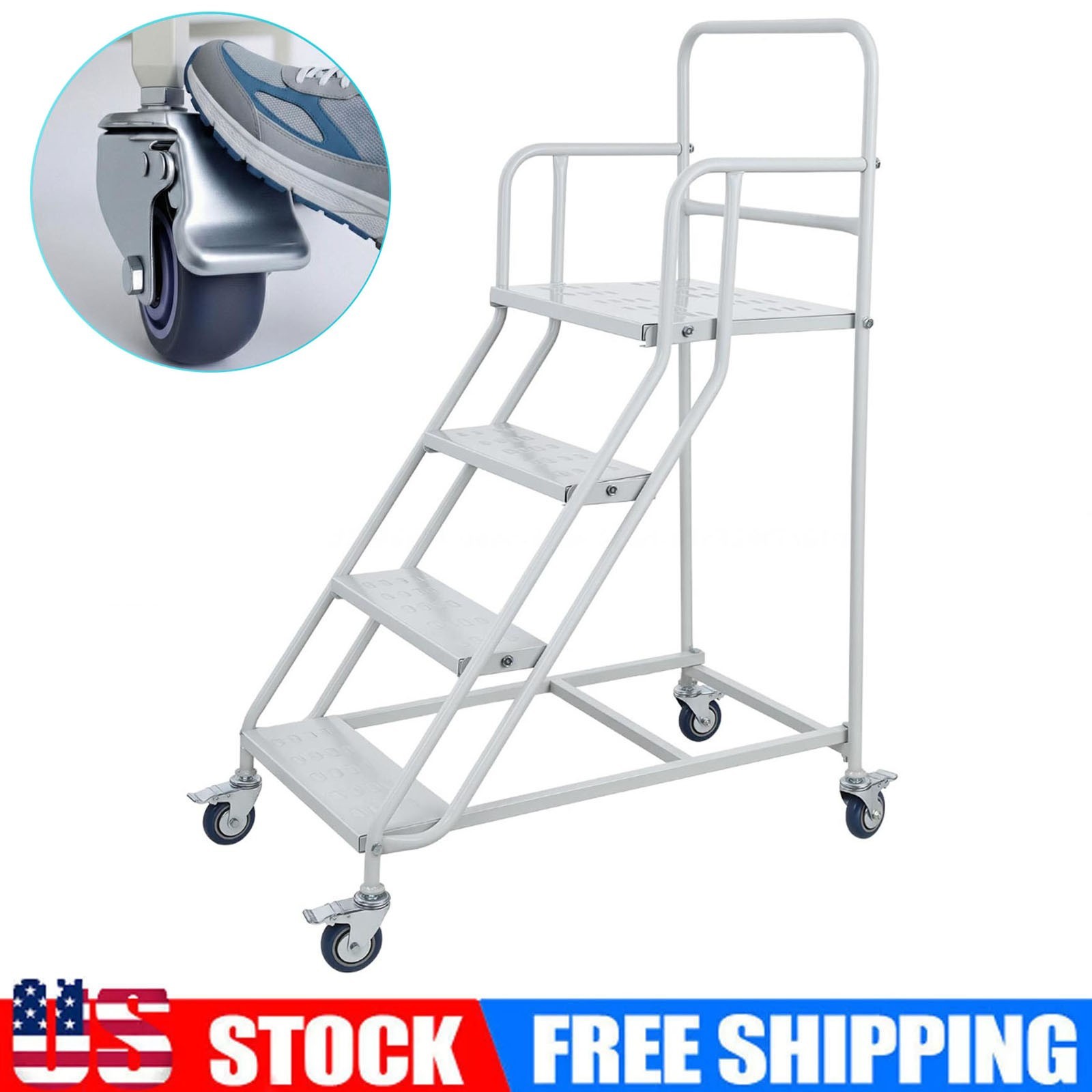 4 Steps Rolling Stair 50″ Industrial Warehouse Ladder Floor Standing Stair 880Lb