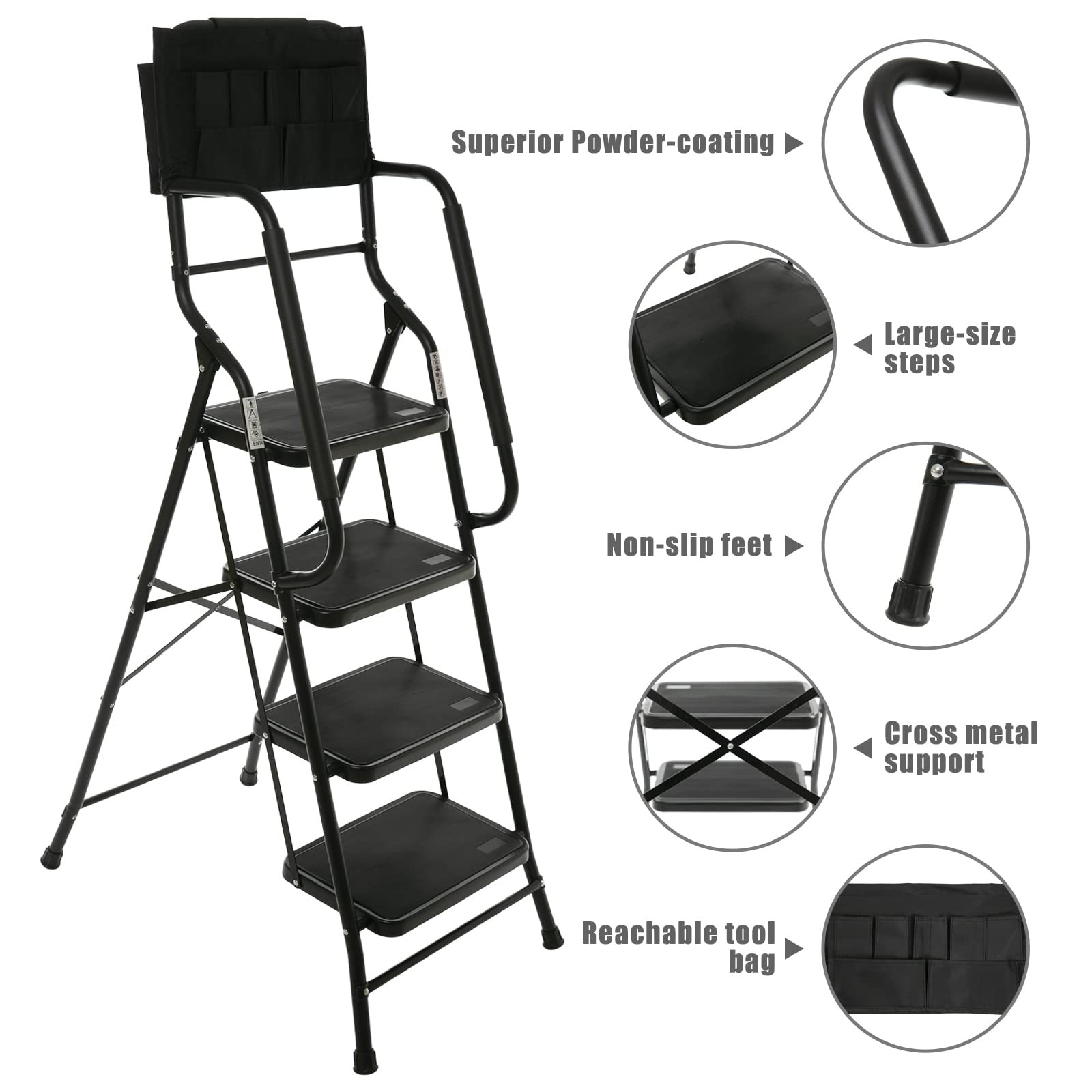 WiberWi 4 Step Ladder with Handrails 500 lb Capacity 4 Step, Black-4