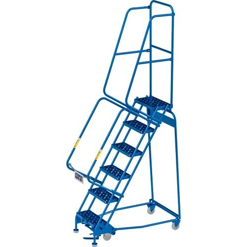 NEW 6 Step Narrow Steel Rolling Ladder, 16″W Perforated Step, Cal/OSHA Handrai!!
