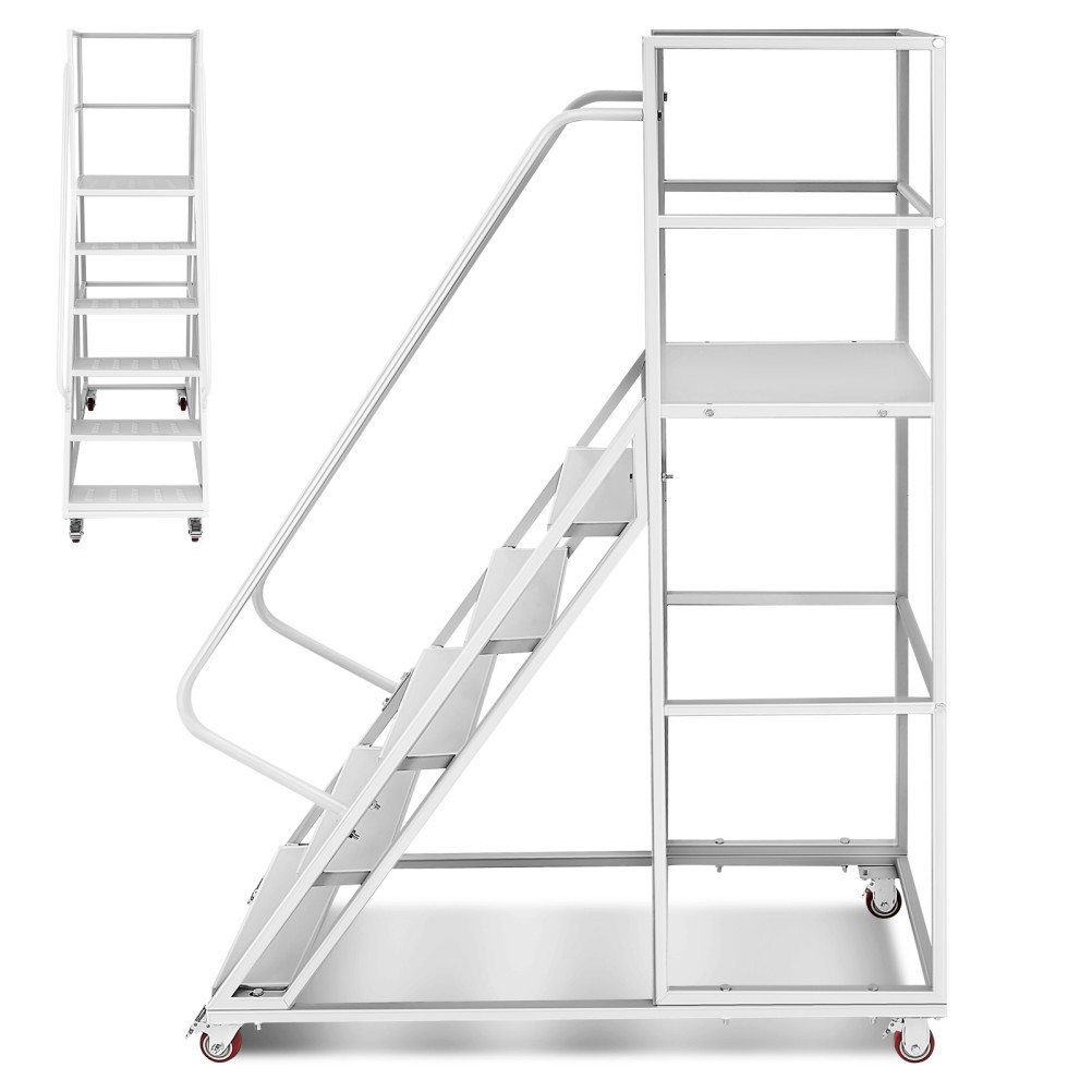 6 Steps Rolling Ladder, Mobile Platform Ladders with Brakeable Wheels 1213LBS