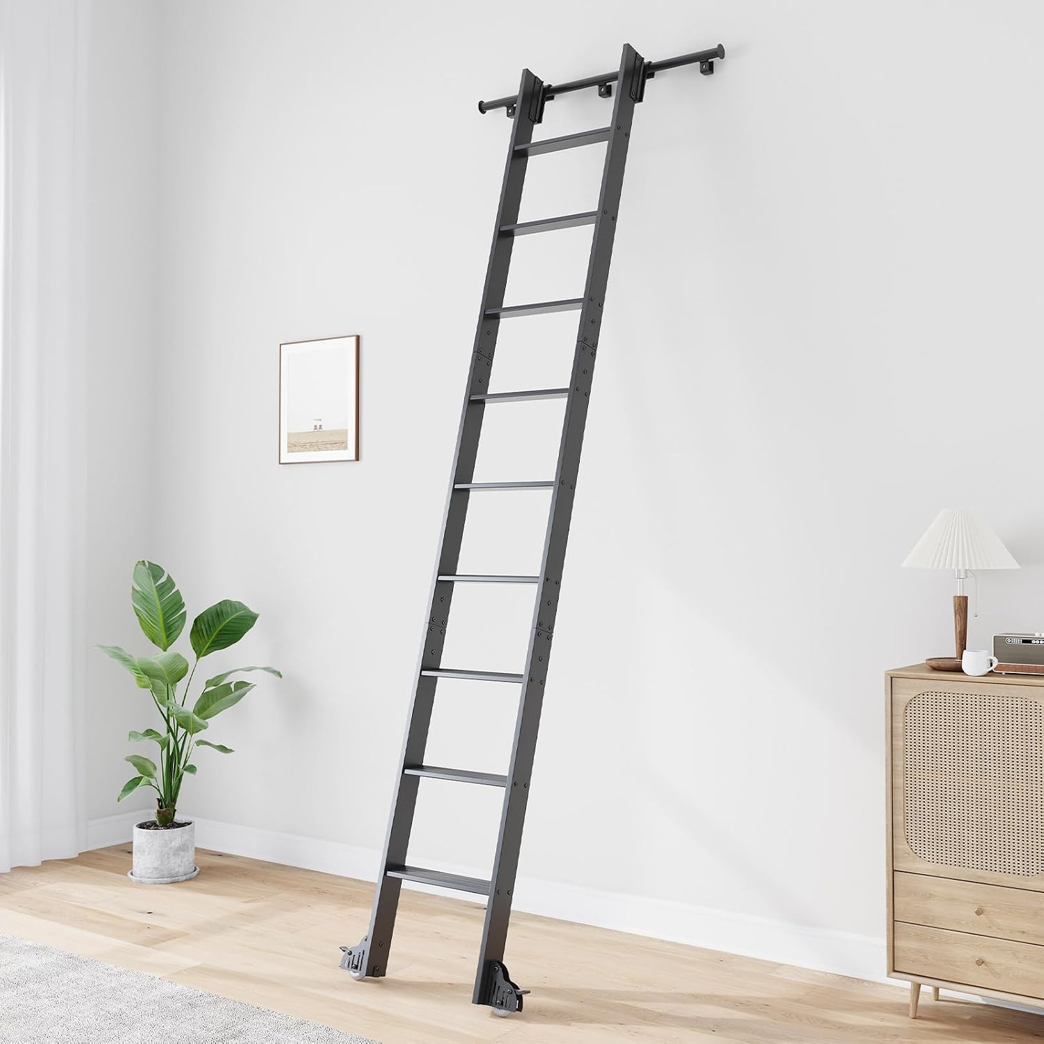 10FT Aluminum Rolling Library Ladder with 12FT Sliding Track Kit