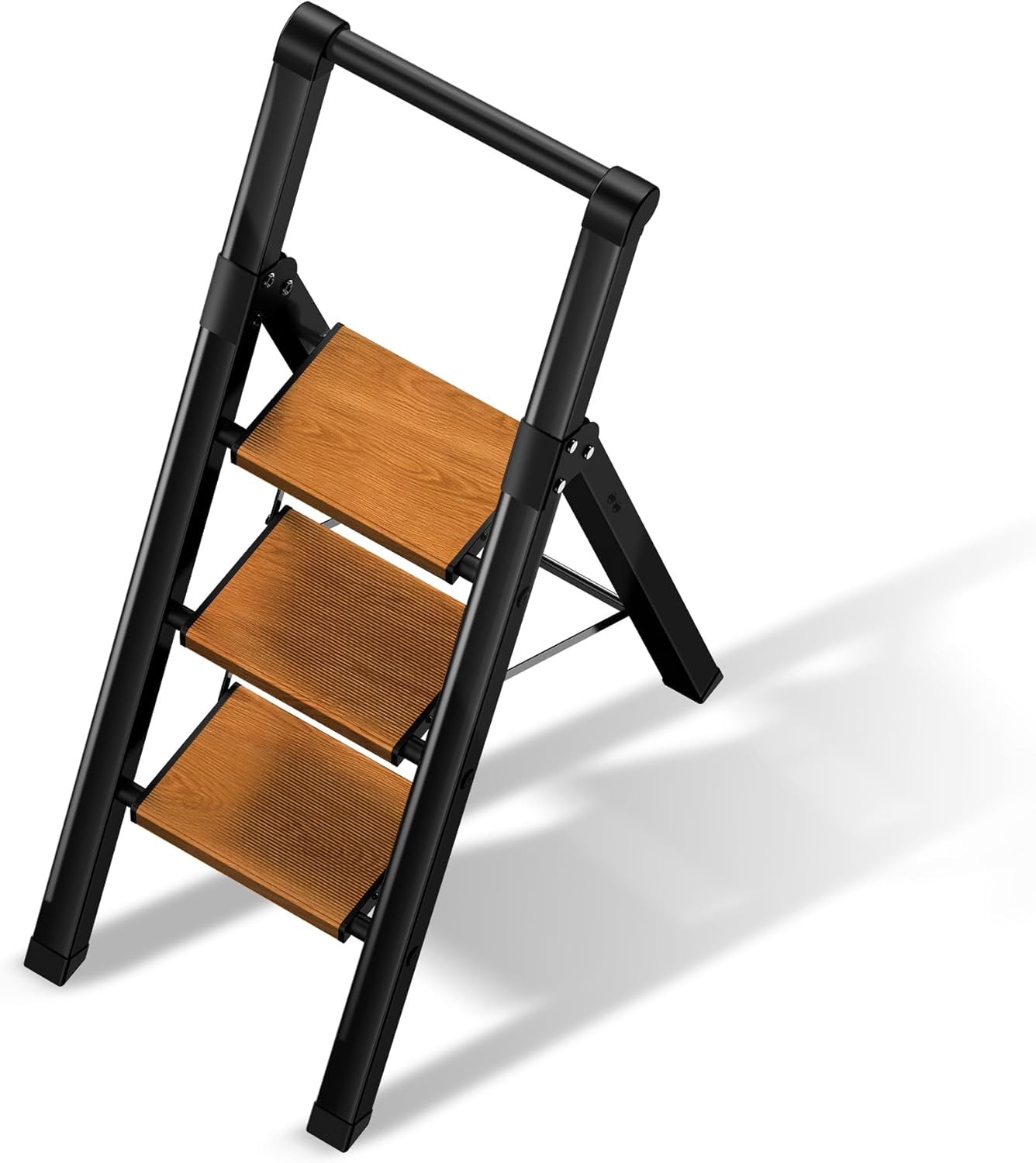 3 Step Ladder,Folding Stool with Aluminum 3 Step, Black&woodgrain