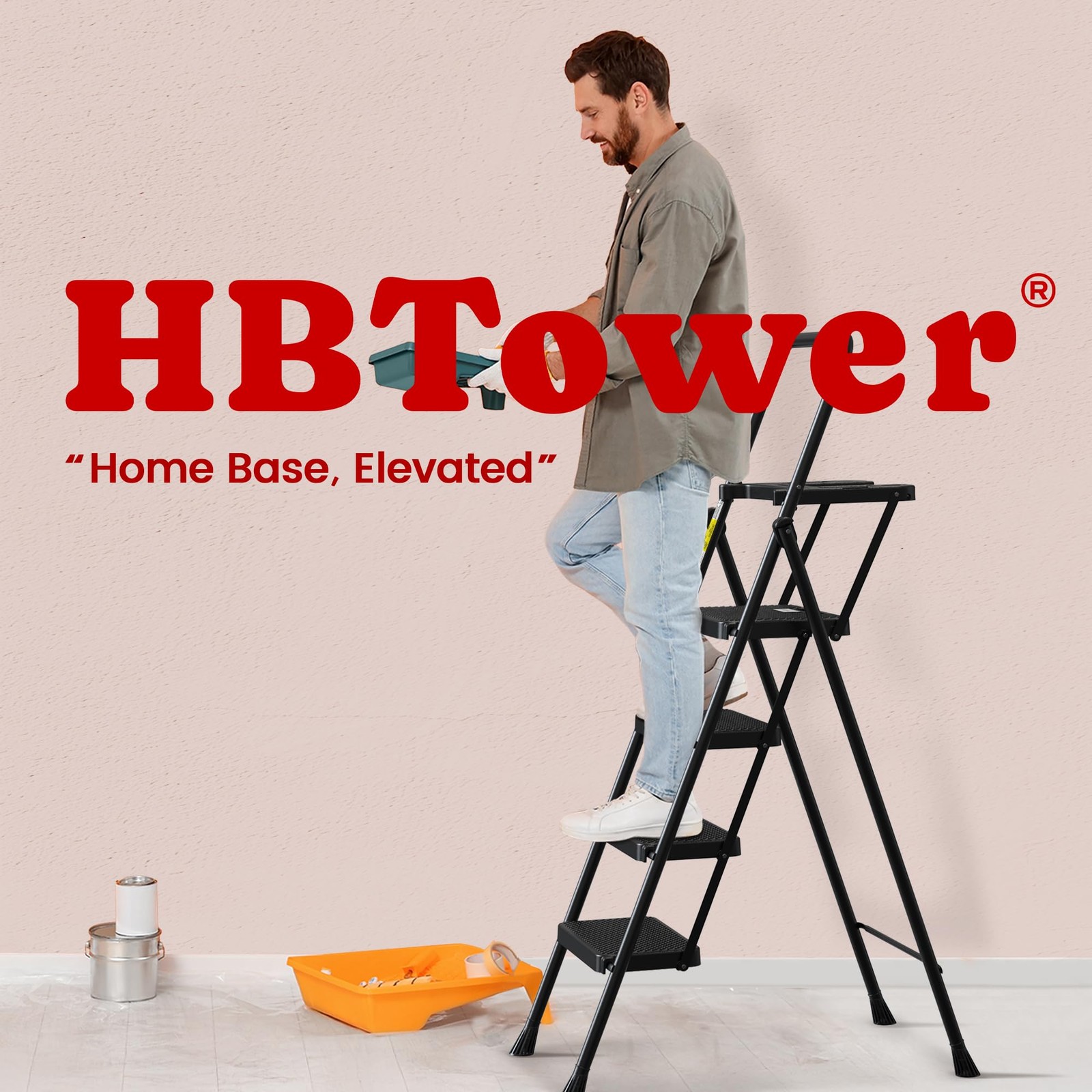 HBTower Step Ladder, Folding Stool with Wide 4 Black