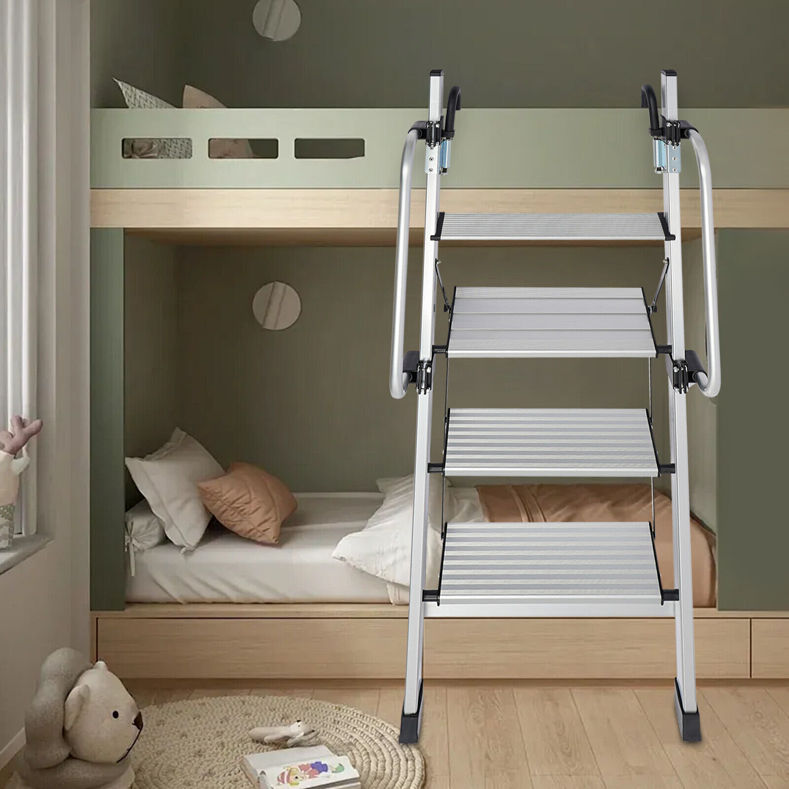 4-Step Floor Standing Bed Ladder Ladder w/ Adjustable Handrail 150kg/330.69lbs