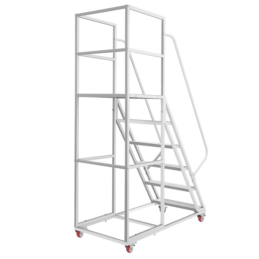 6-Step Rolling Warehouse Step Ladder, Lockable Wheels Non-Slip Wide Steps 1213lb