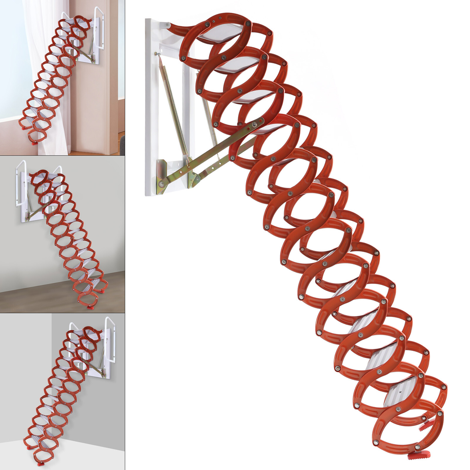 Orange 10.17ft Attic Ladder 12 Steps Loft Stairs Wall Mounted Folding Ladder USA