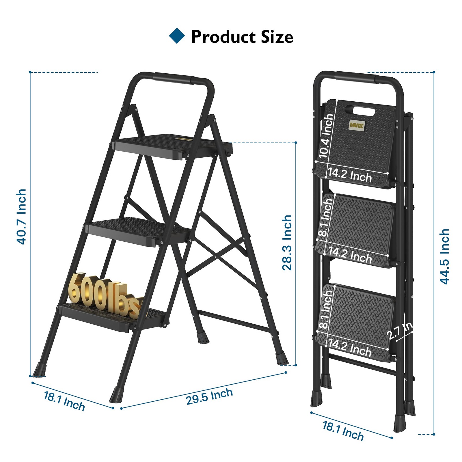 BONTEC 3-Step Ladder, Folding Step Stool, 3-Step, 600lbs Max Load, Black
